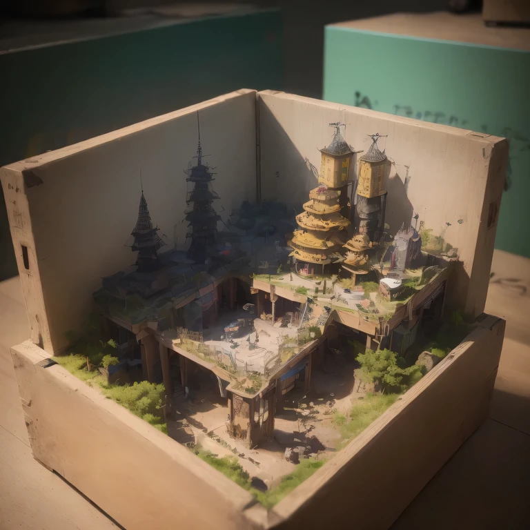 small realistic model, (bifurcation, original photo, best quality, masterpiece:1.4),Steampunk Cyberpunk 1820 City,(Cyberpunk light:1.3), Mars Canyon (related to land),(in a small nature box:1.3),Isometric, small nature, landscape on foundation,landscape,