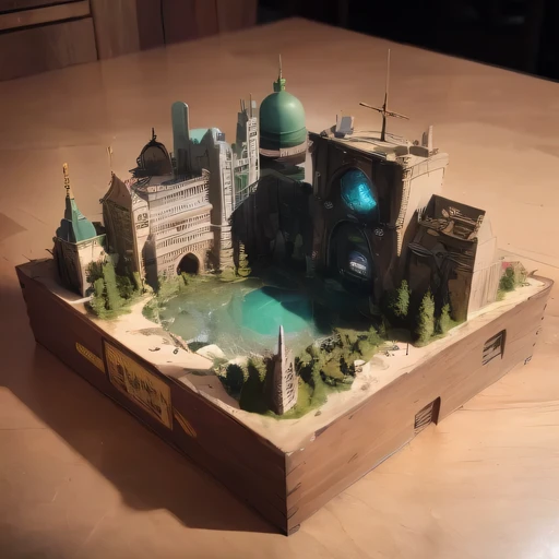 small realistic model, (bifurcation, original photo, best quality, masterpiece:1.4),Steampunk Cyberpunk 1820 City,(Cyberpunk light:1.3), Mars Canyon (related to land),(in a small nature box:1.3),Isometric, small nature, landscape on foundation,landscape,