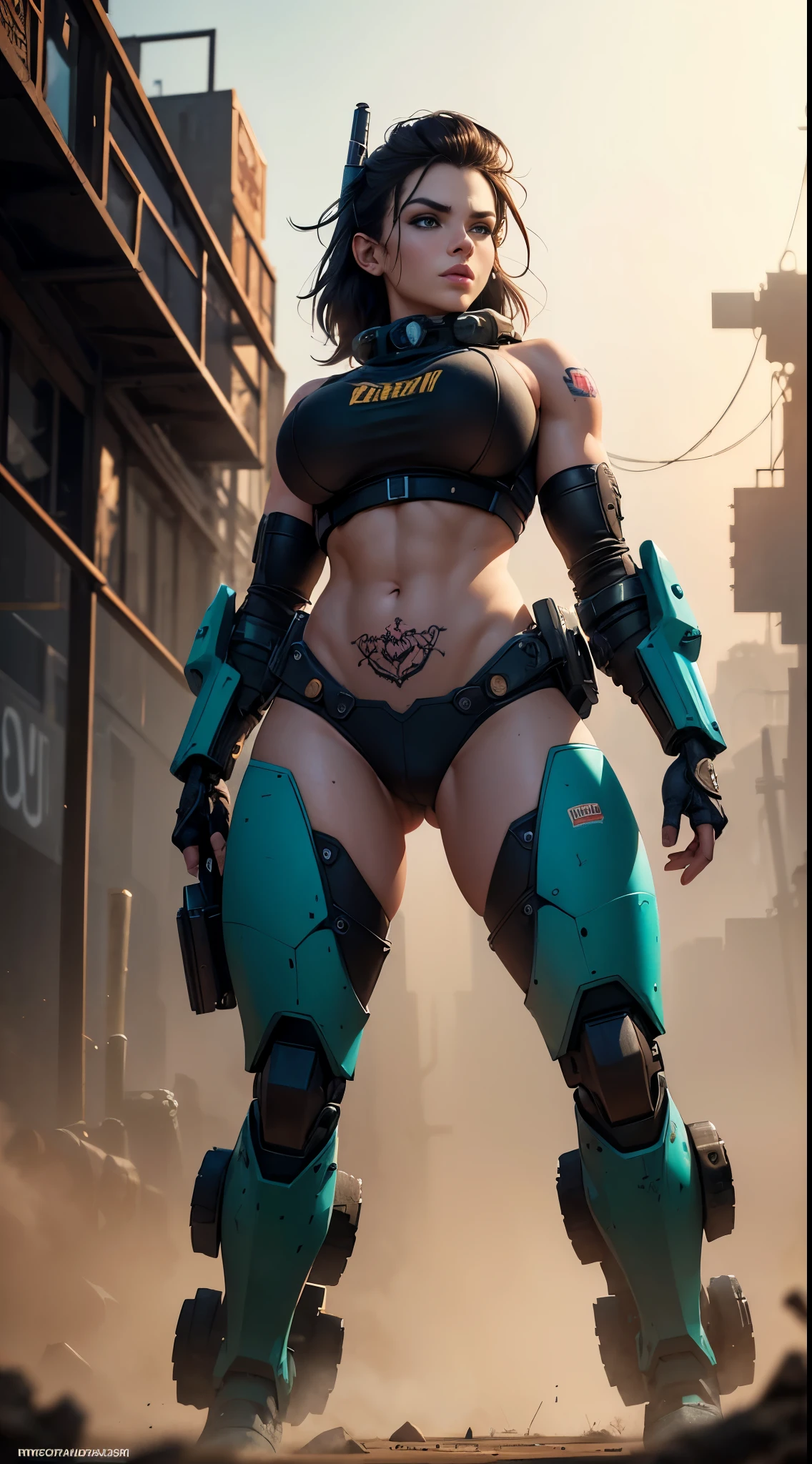 Alison Tyler, drawing masterpiece, concept art, ultra details, dramatic lighting, early evening, symmetric tank, wasteland, dystopic, comic tankgirl, fog, dust, soft motion blur, full body shot, Alison Tyler, 25 year old, bodybuilder tankgirl street attention danger perfect eyes perfect nose perfect ears, tattooed, parted lips, 25 years old handsome boy reparing his mecha, black short hair, perfect ears perfect eyes perfect nose, wearing a grey combat suite, rusty old humanoid support robot, fullbody green cyan orange yellow spotlights, magenta, graffitti, dirty, fog, dust, windy, 4k, ultra hd, realistic, vivid colors, highly detailed, UHD drawing, pen and ink, perfect composition, beautiful detailed intricate insanely detailed octane render trending on artstation, 8k artistic photography, photorealistic concept art, soft natural volumetric cinematic perfect light