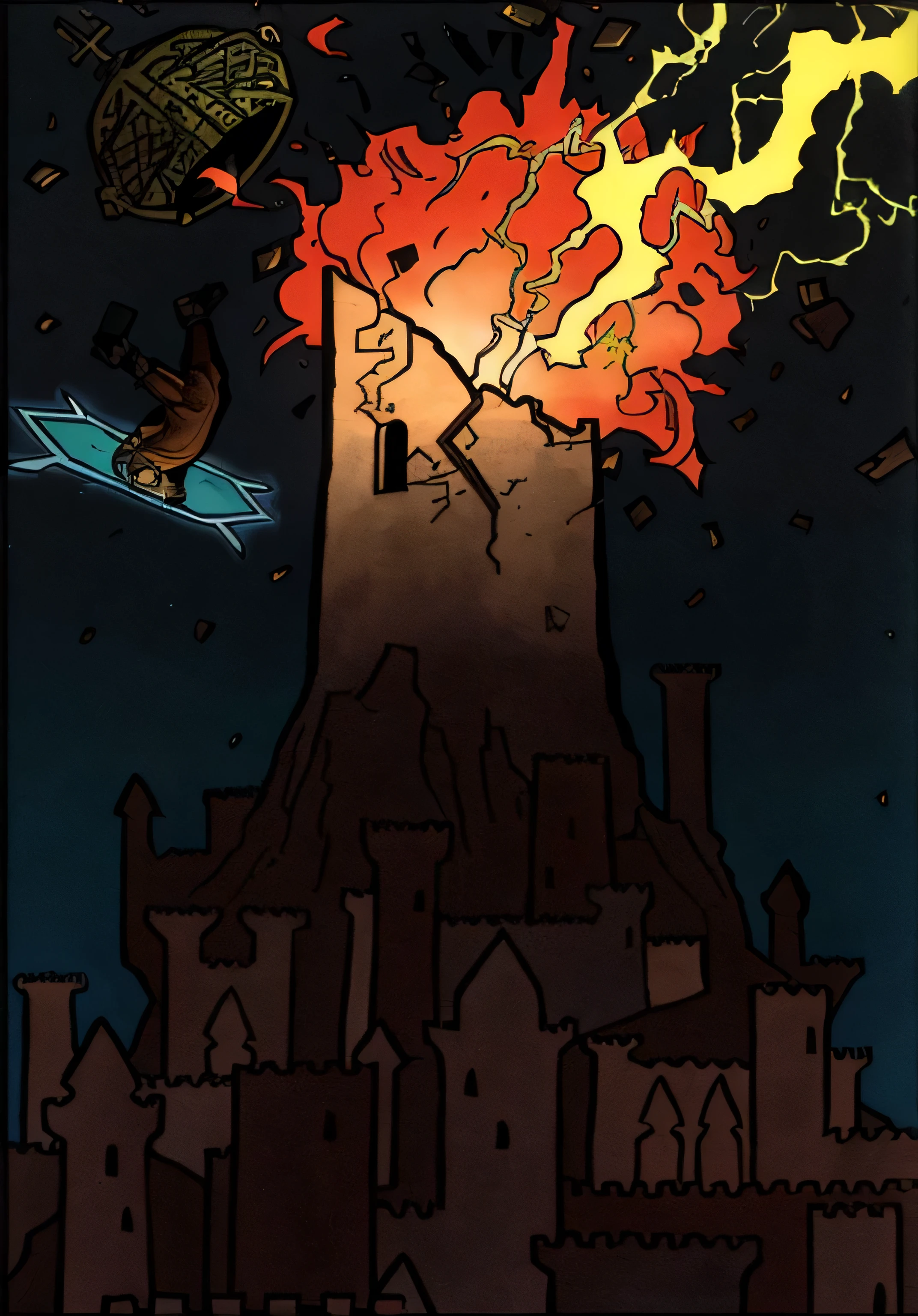 a man falling inside a portal front of a tower, mage tower far away, wizard's tower, one panel, comic panel, wizard tower, fantasy graphic novel style, comic book panel, the tower tarot card, a fantasy comic book style, exploding tower, flooded tower