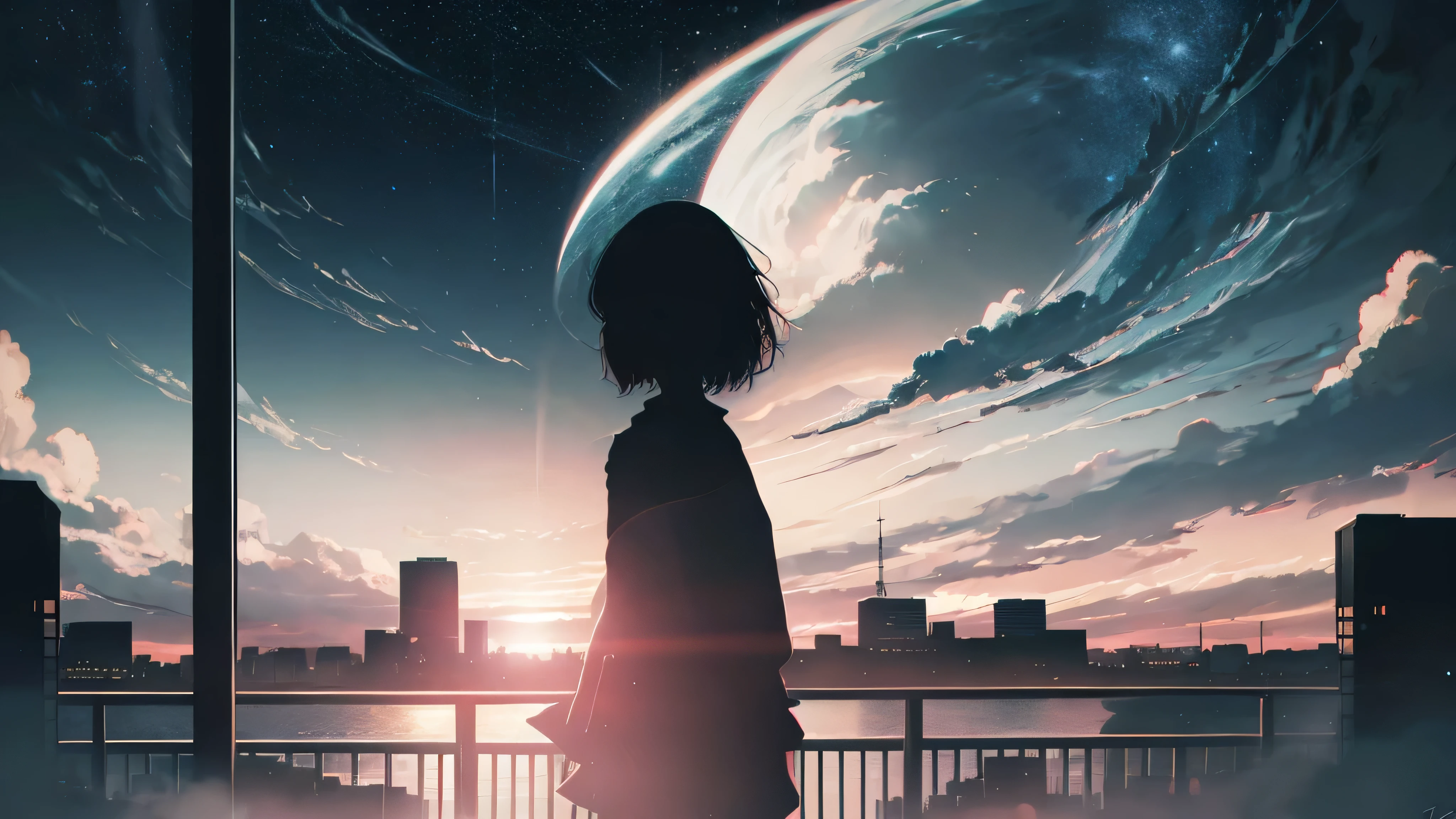 anime,silhouette,1girl, star (sky), cloud, cityscape, building, city, outdoors, skyscraper, city lights, night, night sky, sunset, skyline