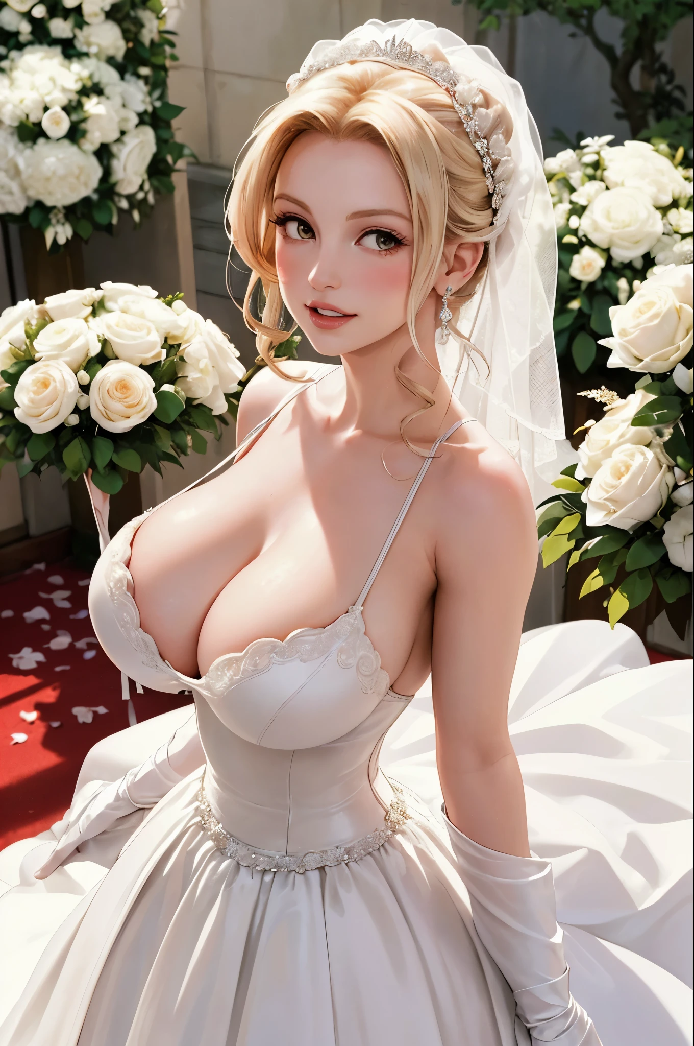 a close up of a woman in a wedding dress posing for a picture, an album cover by Henryka Beyer, tumblr, happening, looks like britney spears, with a large breasts, with large breasts, big breasts!, large breasts size, big breasts!!, large breasts, wearing a wedding dress, 1996), covered sfw huge breasts, big breasts