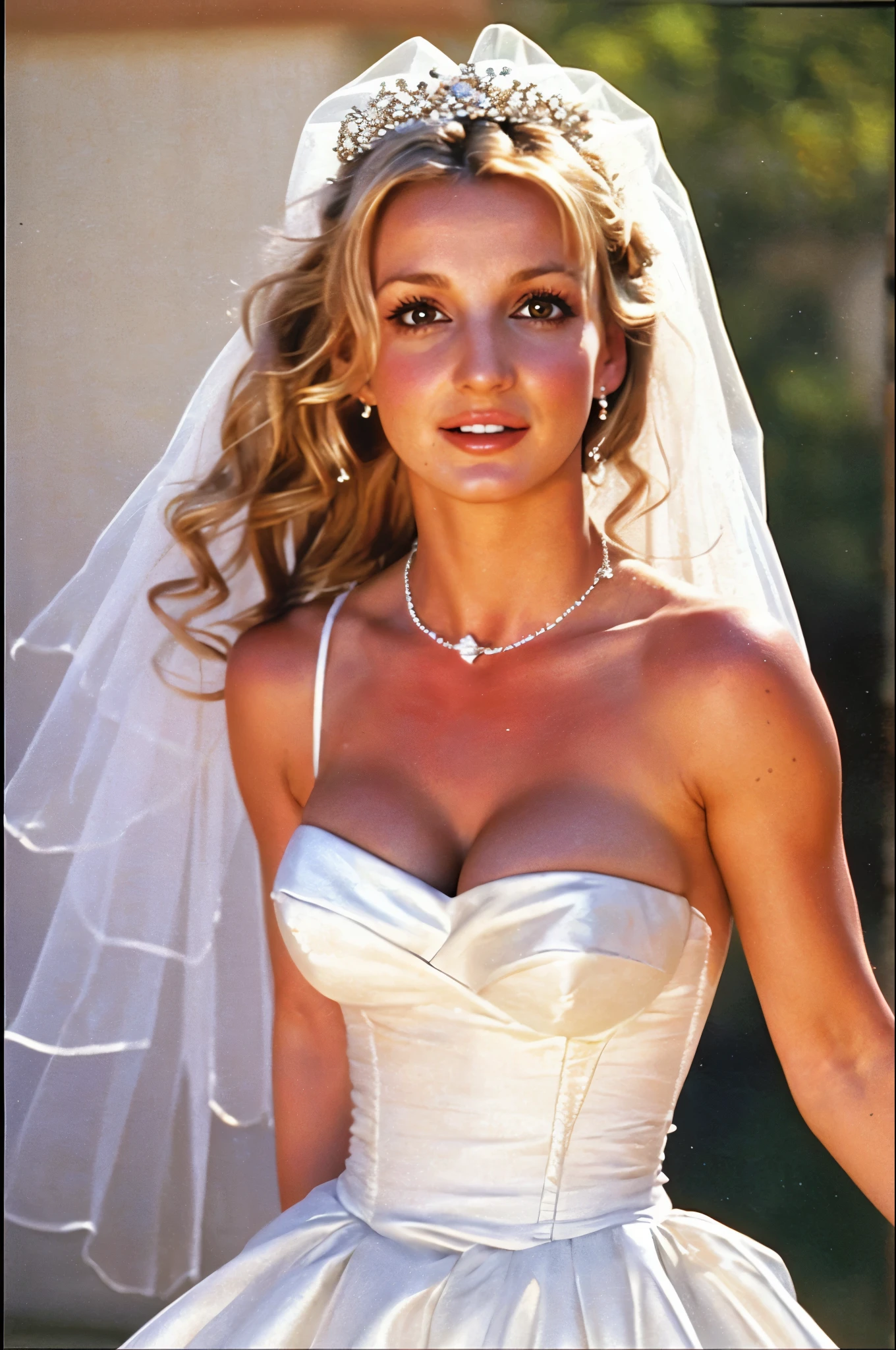 a close up of a woman in a wedding dress posing for a picture, looks like britney spears, with a large breasts, with large breasts, big breasts!, large breasts size, big breasts!!, large breasts, wearing a wedding dress, 1996), covered sfw huge breasts, big breasts, covered breasts, 1997 ), big bust