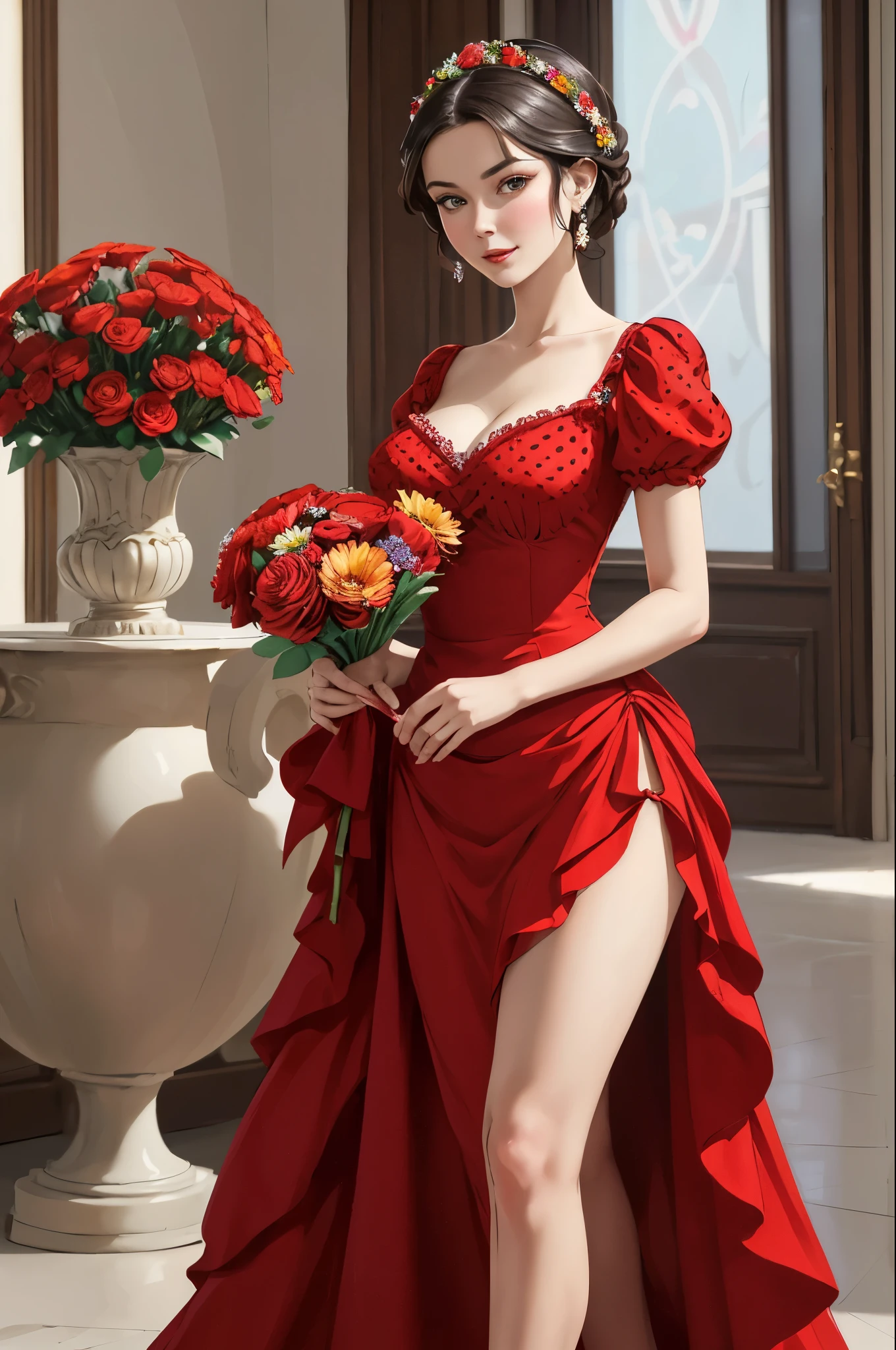 araffe woman in a red dress holding a bouquet of flowers, a picture by Alexey Venetsianov, flickr, pop art, with flowers, very very beautiful woman, beautiful figure, gorgeous figure, konstantin razumov, pretty flowers, gorgeous beautiful woman, very beautiful woman, holding flowers, polka dot, lovely woman, russian girlfriend