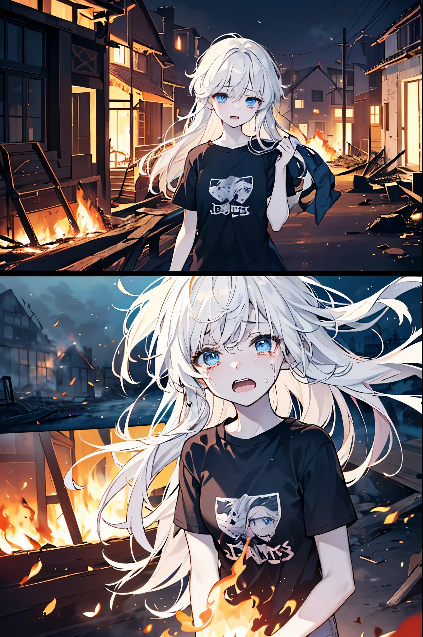 ((house in flames)), night time, chaos, ((dramatic)), smoke, ((scared and crying young girl with pale skin, long white messy hair and expressive blue eyes wearing a t-shirt and pants))