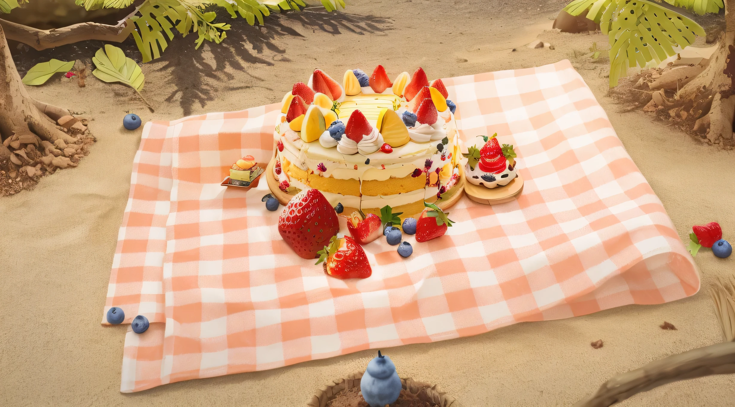 there is a cake with strawberries and blueberries on a table cloth, Super realistic food pictures, cool desert, birthday cake on the ground, having picnic, forest having picnic, Highly detailed composition, Amazing food illustrations, Design in Blender, desert!!!, foods 4 k, rendering, sunshine beach, dessert, delicious, poster ; summer, foods, 促销rendering, cake, 幻想foods