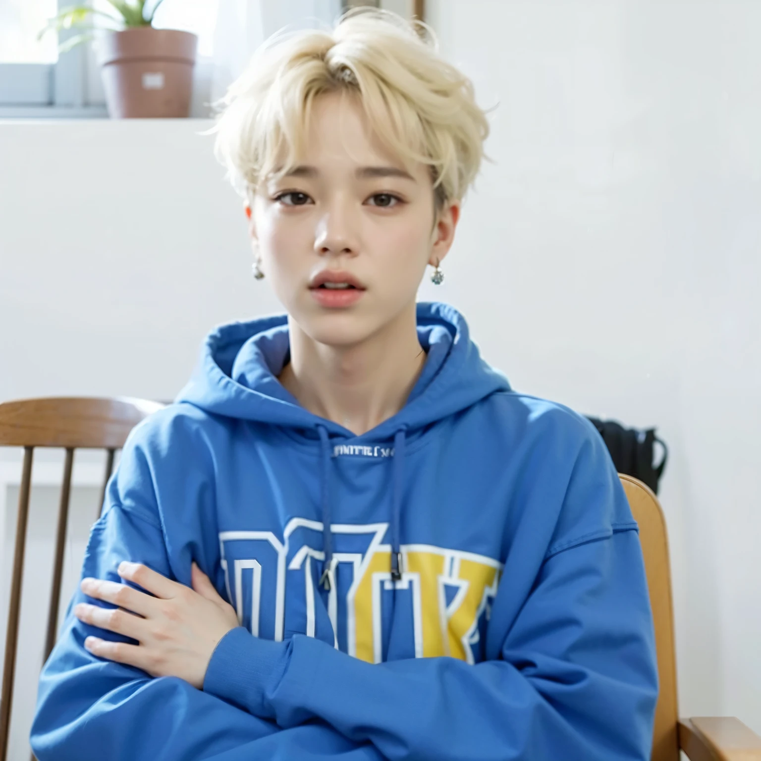 um close de uma pessoa sentada em uma cadeira com um moletom azul, park Jimin, accurate Jimin face, Jimin\the full lips, Jimin, Jimin\o nariz grego, Jimin\the right eyelid is swollen, Kim Doyoung, Jung Jaehyun, taejune kim, hyung tae, usando um capuz azul neon, adorable and pale korean face