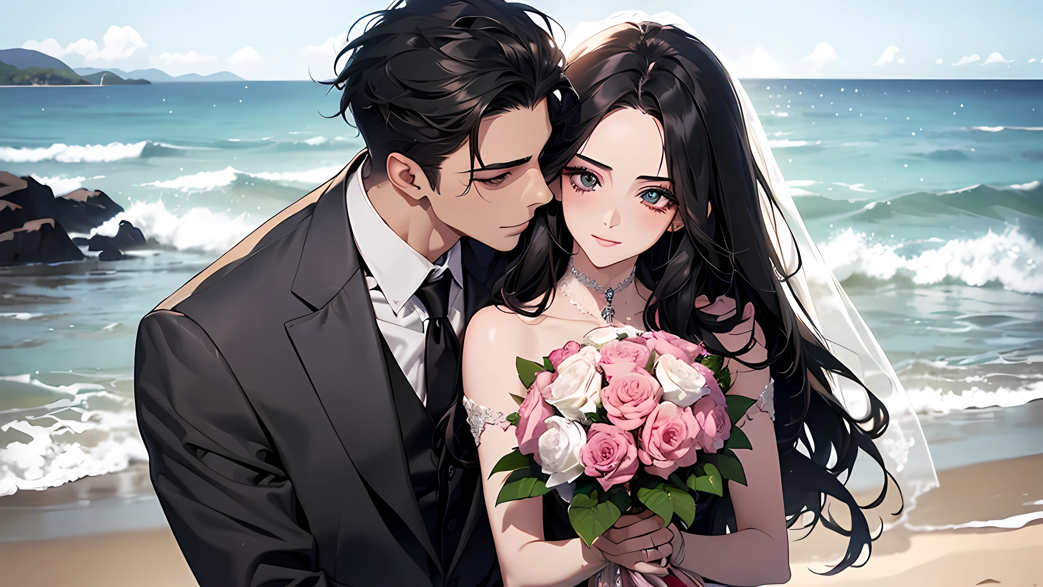 (masutepiece, Digital Art, Digital Illustration, 4K, 8K, Ultra-detailed, beautiful image, Sharp Image, Photorealistic, Raw photo, Perfect face, Perfect lines, Perfect eyes, Soft lighting) ,1 woman, (Long Black Hair,straight haired,Bullish gaze,Beautie,ellegance,Solid makeup,23 y-o woman,:1.3),Two handsome men in suits, (ember,well-muscled,Firm shoulder width, Man's,Boyish hairstyle,English gentlemanly style,Man in his 30s with a cool expression,28-year-old man with bright smile:1.2),Show white teeth and smile(embarrassed from,Shy smile:1.1),shores,Beach,beach wedding、innocent smiles,Laugh、couple kissing、kiss、the kiss、Romance、Mermaid Line Wedding Dresses、Wedding、bouquet of beiragnoria