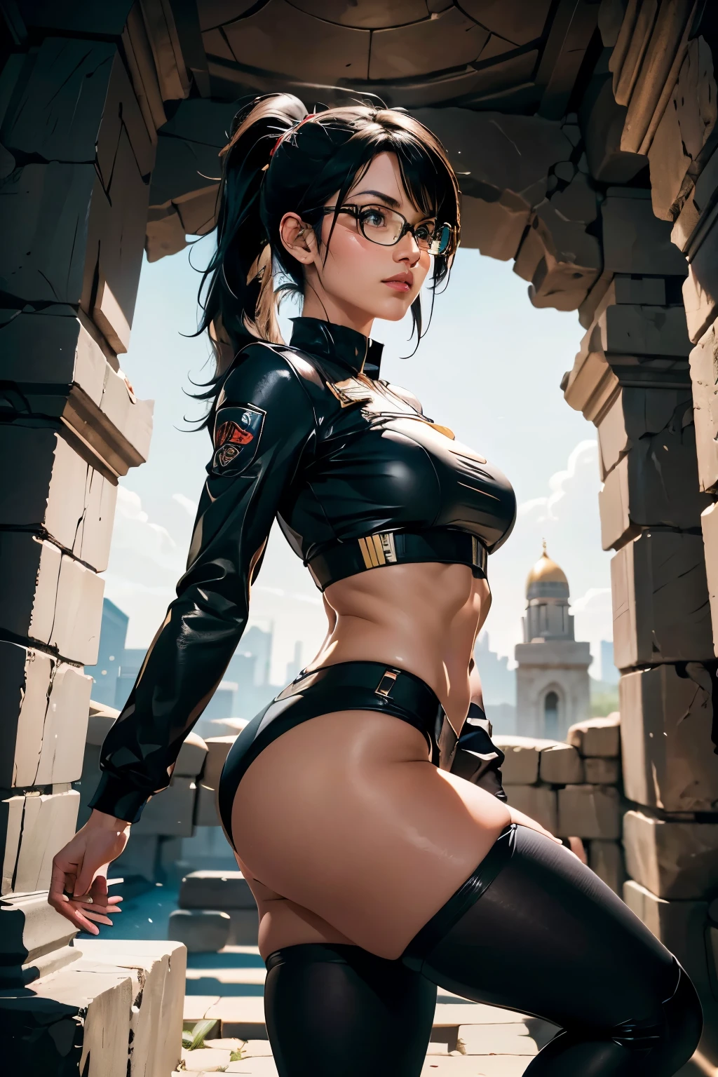 Wide shot, beautiful young explorer, long black hair in a ponytail, bangs, wearing glasses, wearing a yellow jill valentine outfit, in an ancient tomb.