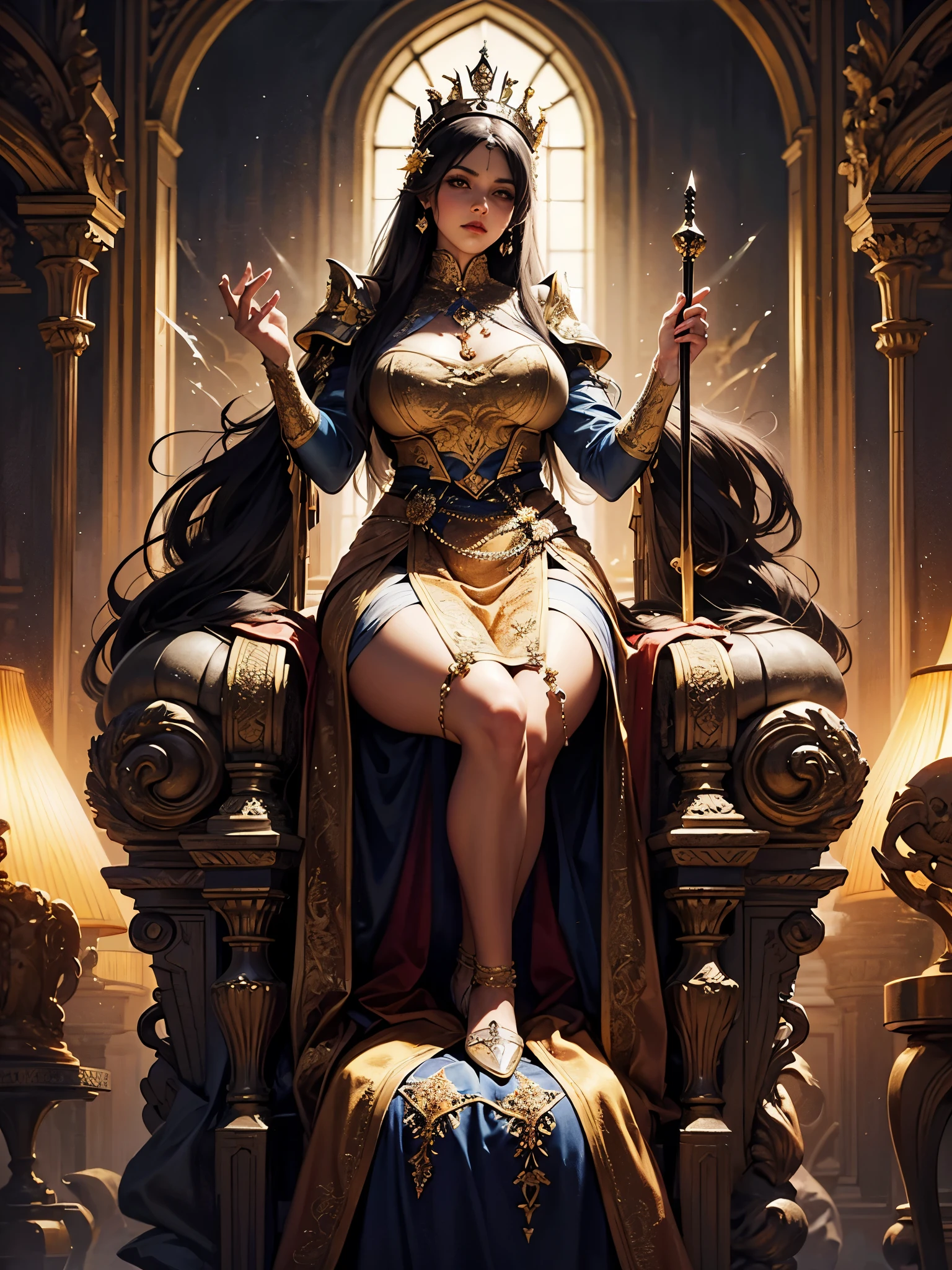 There is beautiful hell goddes sitting on the throne made of sculls, she have long black hair with white highlights, beautiful blue eyes, dressed in amazing sexy long white dress with gold parts, diamond jewlery , (ultra high quality fantasy art, dafk fantasy style, masterpiece, ultra highquality character design, 8k quality anime art, realistic anime art, top quality wallpaper illustration, detailed ultra high quality acurate face, highquality design and acurate physic)