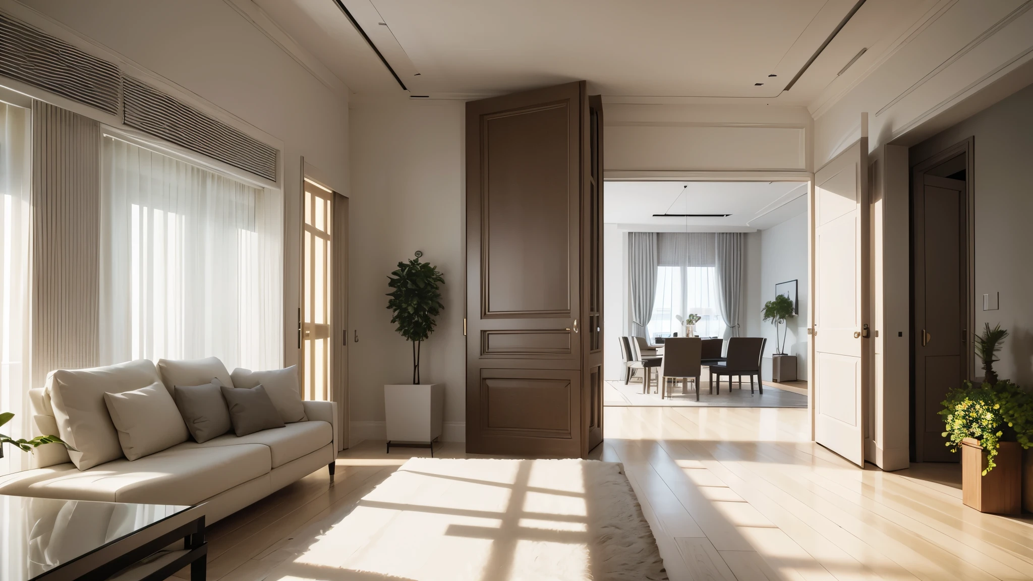 You are a famous interior designer、You have been asked to create a 3D image of a modern large room. Create a harmonious environment with modern and minimalist furniture. Including garden interior.