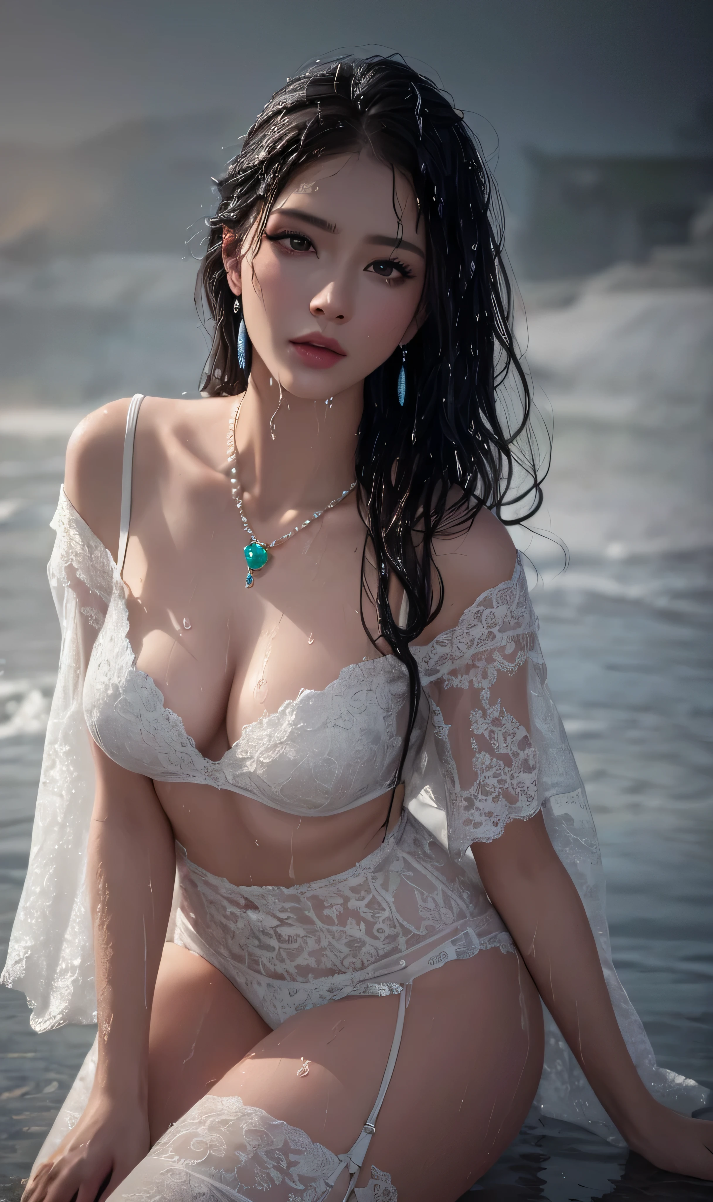 ultra realistic 8k cg, flawless, clean, masterpiece, professional artwork, famous artwork, cinematic lighting, cinematic bloom, perfect face, beautiful face, fantasy, dreamlike, unreal, science fiction, lace, lace trim, lace-trimmed legwear, luxury, jewelry, diamond, pearl, gem, sapphire, ruby, emerald, intricate detail, delicate pattern, charming, alluring, seductive, erotic, enchanting, hair ornament, necklace, earrings, bracelet, armlet,halo,
(((Best quality, masterpiece, ultra high res, (photorealistic:1.4), raw photo, 1girl, wet clothes, )))