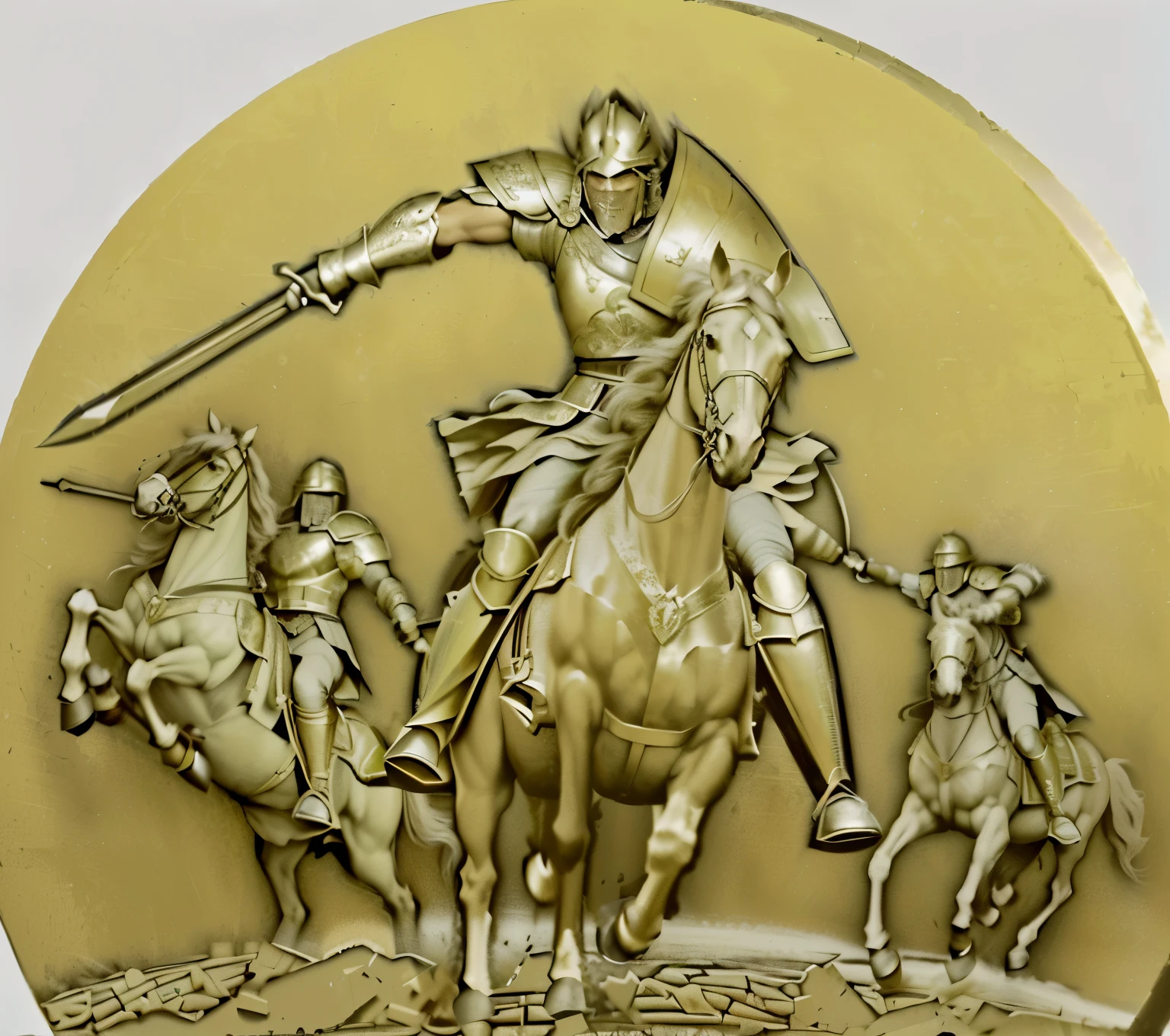 (best quality,4k,8k,highres,masterpiece:1.2),ultra-detailed,(realistic,photorealistic,photo-realistic:1.37),warrior riding horse,wearing armor and helmet,muscular arms and legs,determined facial expression,fierce gaze,dusty battlefield,spartan warrior,ancient Greek,heroic stance,majestic horse,strong and powerful,lances and shields,warrior charging into battle,battlefield chaos,war cries and clashing weapons,bravery and courage,heroic deeds,glorious victory,imposing presence,warrior's determination and strength,proud and fearless,warrior's sword raised high,charging towards enemies,evoking fear and respect,grim determination in the eyes,steed galloping with grace,intense battle,shouting commands,dramatic lighting,sweat and effort,rippling muscles,adrenaline rush,vibrant colors,artistic interpretation,high contrast,poised for victory,loud battle drums.