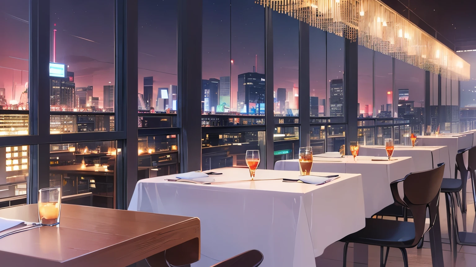 The background is a restaurant at night、Blurred sitting person in the distance、table、Chair、illumination、