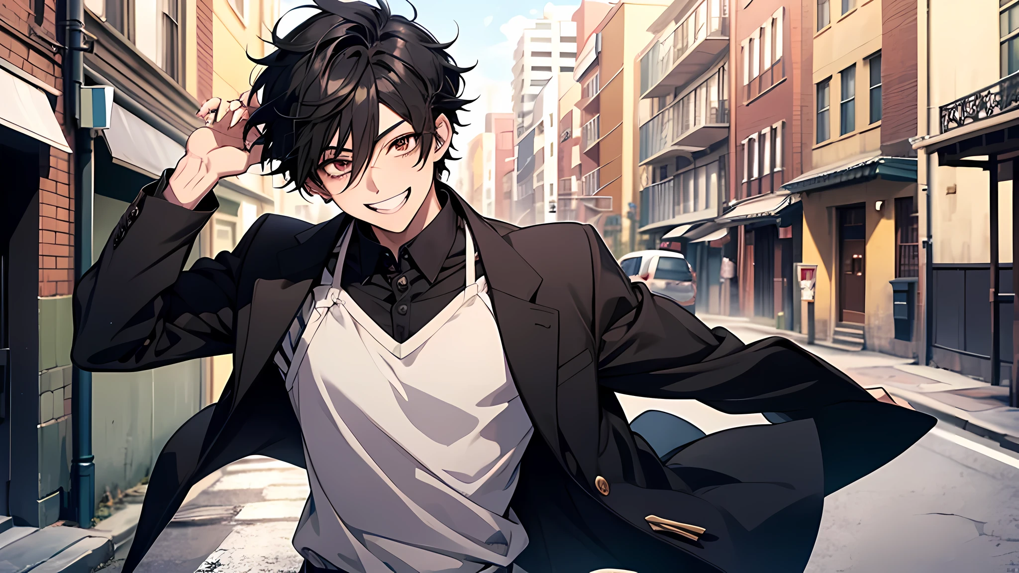 anime boy with black hair and black shirt laughing in the street, [[[[grinning evily]]]], grinning lasciviously, anime moe artstyle, smileing nright, anime boy, inspired by Okumura Masanobu, boy has short black hair, insane smile, he is smiling, young anime man, smiling sweetly