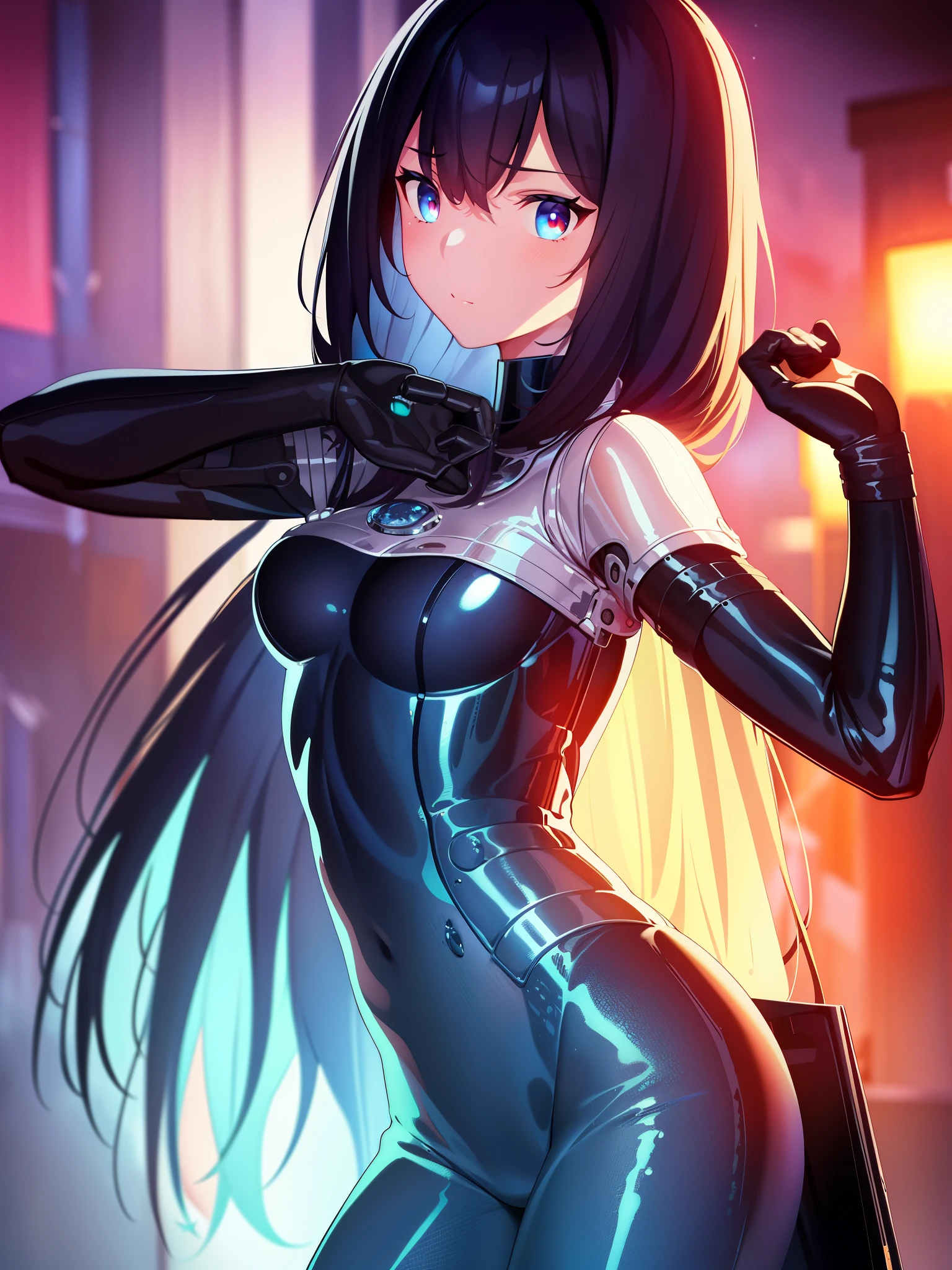 photograph、high quality、(Close-up shot of one girl)、to8 contrast style、mechanical arm、cyborg、slime colored skin、liquid slime skin、raise your arms、face mask、slime girl、red eyes、((dark、Tokyo Night Background、Turn off the lights、hard shadow、deep contrast)))、pantyhose、blue light、model shooting style、Small breasts high definition CG uniform 8K wallpaper)、whole body、most beautiful artwork in the world、Trend on ArtStation、CGsociety trends、complicated、high detail、sharp focus、dramatic、night starly sky、Photorealistic painting art by midjourney and ilya kuvshinov、