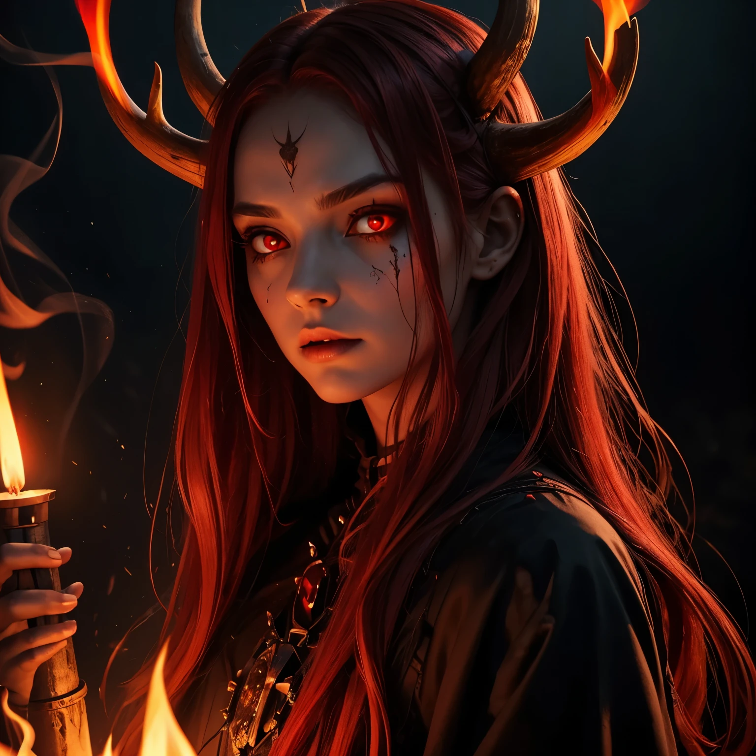dark, unholy, evil, astral, creepy style, undead, rotting skin, mystical, nice perfect face with soft skin, young beautiful girl portrait on fire, red smoke, smoking, red fire, night, long dark red hair, antlers glowing red eyes, from side, light red glow, fire circle 