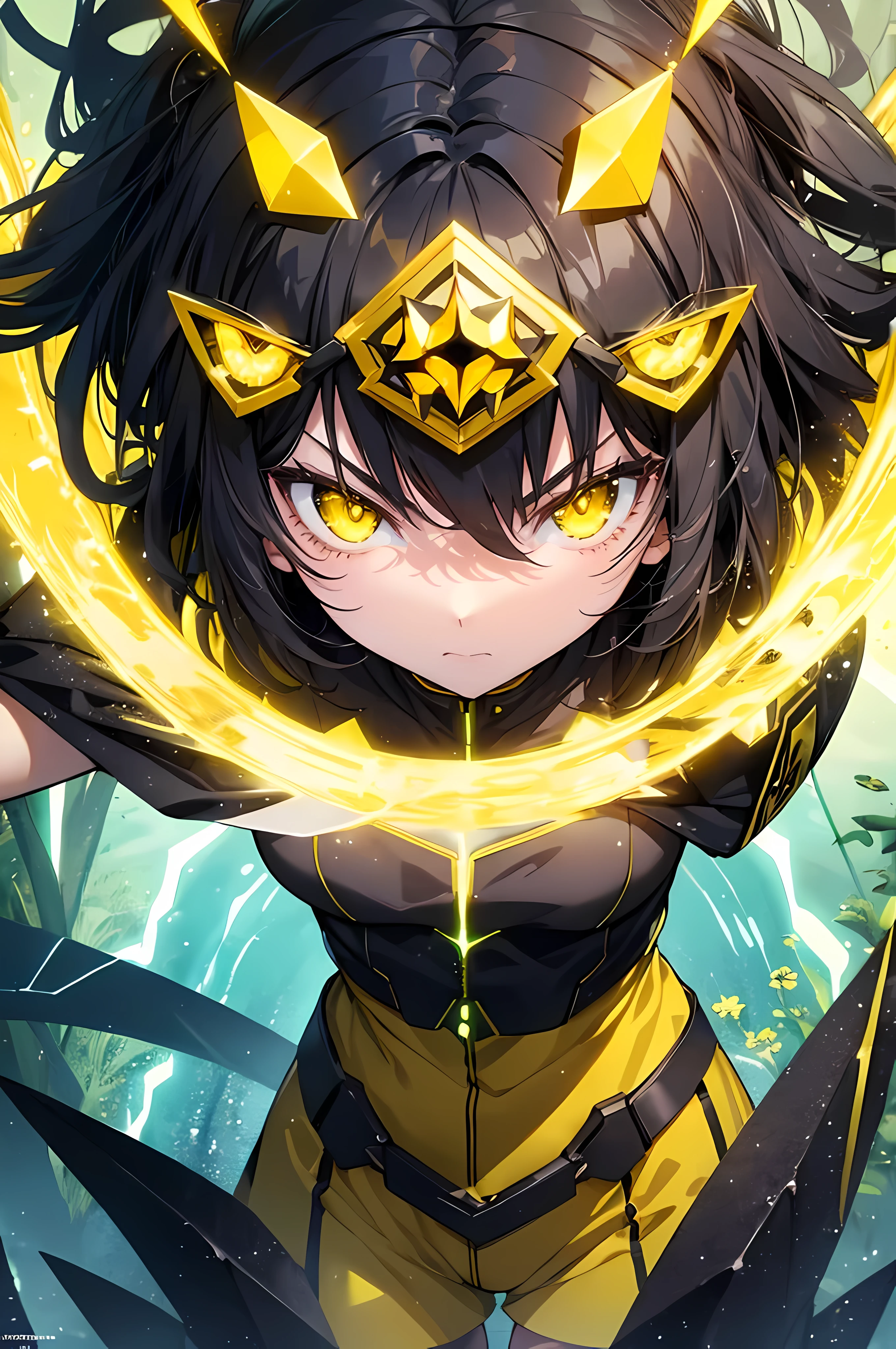 ((masterpiece)), (best quality), 1girl, black hair, (glowing yellow eyes:1.2), yellow hexagon energy shield, standing, nature park background, (looking serious:1.2), anime, 4k, highres, movie quality
