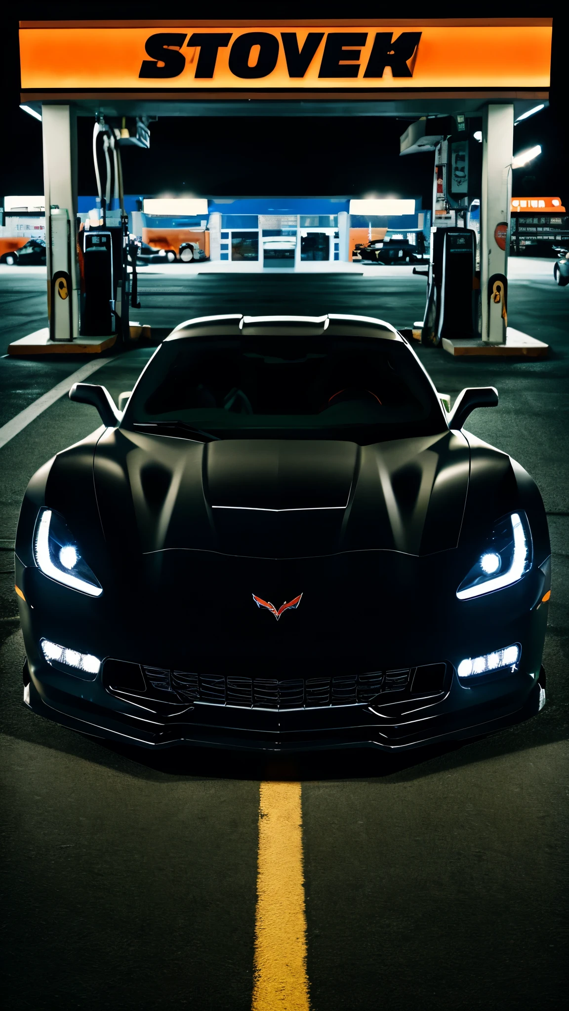 there is a matte black Chevrolet Corvette with a heavy bodykit, custom rims and sports spoiler. Add race stickers to the body and windshield of the car, parked at a gas station at night, a picture by Jason Teraoka, unsplash, conceptual art, “gas station photography, gas station, petrol aesthetic, automotive photography, car photography, vehicle photography, night time low light, in front of a garage, wide body, add reflections at nighttime, jdm, front lit, add neon signs. Add glow effect and kodak film filter effect for nostalgia. Masterpiece, Epic, Photorealistic.