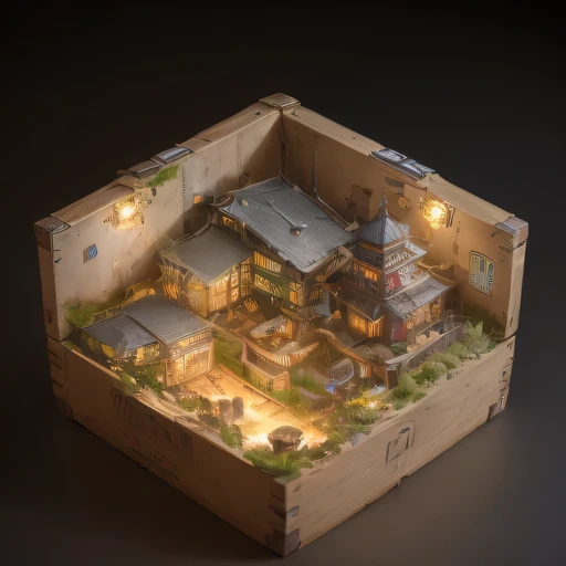 small realistic model, (bifurcation, original photo, best quality, masterpiece:1.4),Steampunk Cyberpunk 1820 City,(Cyberpunk light:1.3), Mars Canyon (related to land),(in a small nature box:1.3),Isometric, small nature, landscape on foundation,landscape,