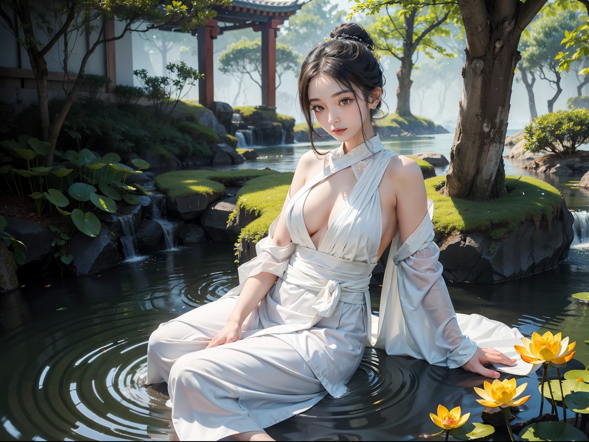 female bodhisattva,Lowered eyes,Like the first flower of an orchid,Gently expose your eyes,Pure and peaceful beauty。 Like a breeze,The shutters droop slightly,Gentle and elegant。 Ruyue'er was ashamed,Half-covered eyebrows,It suggests an atmosphere of mystery。 It's like waking up from a light dream,There was still a hint of soft sleepiness in his eyes,It contains peace and quiet。 Like twinkling starlight,Looming and faint,Eyewaves sparkle。 Like the soft sound of spring water,Eyes rise and fall,Vibrant beauty。 Such as light feathers,Looming,Exudes a high-pitched and ethereal aura。 Like the rising sun,Eye waves,The hazy beauty of the morning sun is shining。 Like autumn water,vaguely visible,It is calm and tranquil。Shine brightly,Represents the wisdom illumination of the Dharma。Long earlobe shoulders,It represents an endless stream of Dharma。White phase,It shows the pure nature of all laws,It represents the Buddha's knowledge of all the Dharma。Sit on a lotus seat。