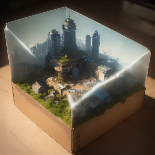 small realistic model, (bifurcation, original photo, best quality, masterpiece:1.4),Steampunk Cyberpunk 1820 City,(Cyberpunk light:1.3), desert canyon (related to land),(in a small nature box:1.3),Isometric, small nature, landscape on foundation,landscape,
