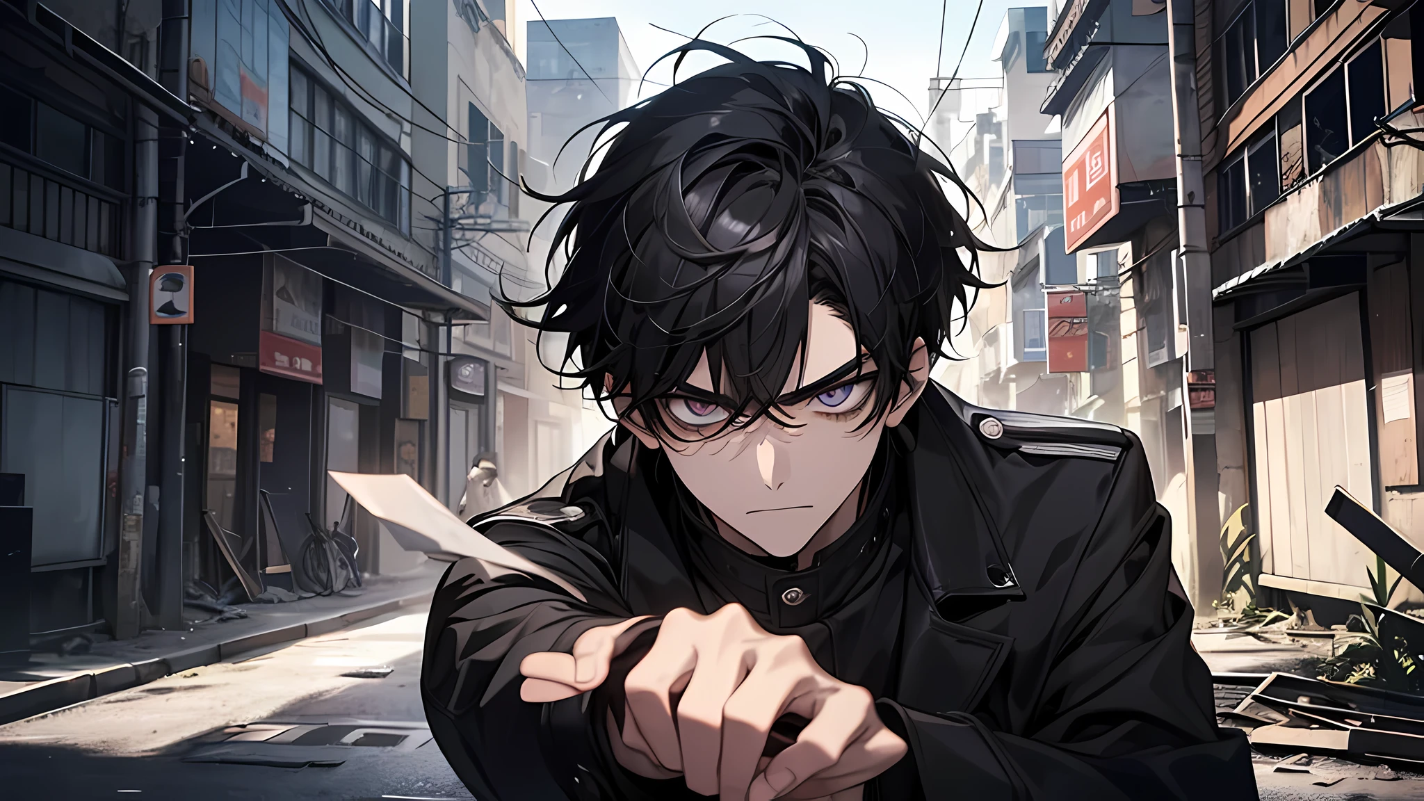 21 year old guy,black hair, detailed face, detailed eyes, detailed nose, He is dressed appropriately。ses cheveux sont blancs。His mocking expression was palpable。He had an angry expression,The expression is full of malice and disgust。He pointed angrily ahead,Connect him to the surrounding city and abandoned environment。The scenery is dark,Crumbling buildings and shadows evoke a mysterious and dark atmosphere。