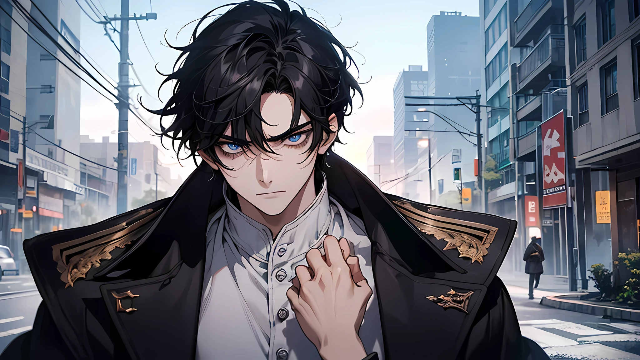 21 year old guy，black hair, detailed face, detailed eyes, detailed nose, He is dressed appropriately。ses cheveux sont blancs。His mocking expression was palpable。He had an angry expression，The expression is full of malice and disgust。He pointed angrily ahead，Connect him to the surrounding city and abandoned environment。The scenery is dark，Crumbling buildings and shadows evoke a mysterious and dark atmosphere。