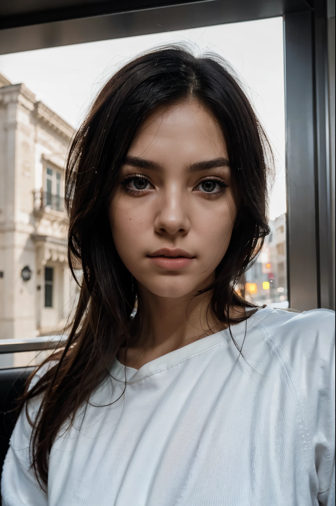 Realistic,dramatic lighting,1girl,solo,detailed face,realistic eyes,realistic skin,black hair,dynamic pose, dynamic angle, white sweatshirt, long hair cut, raw photo,a selfie taken with iphone camera,beautiful detailed eyes and face
