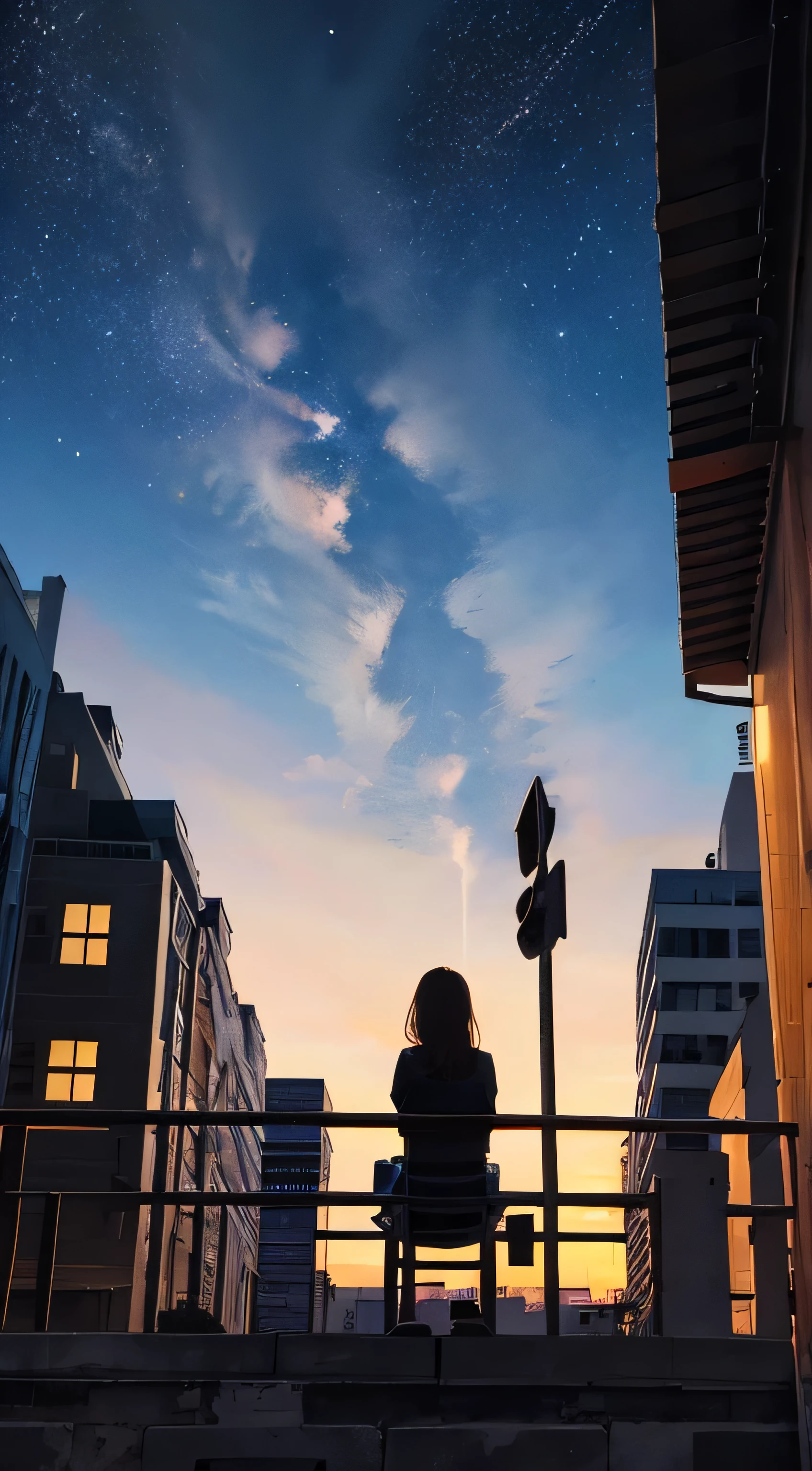 A woman sitting on a bench looking at the sky - SeaArt AI