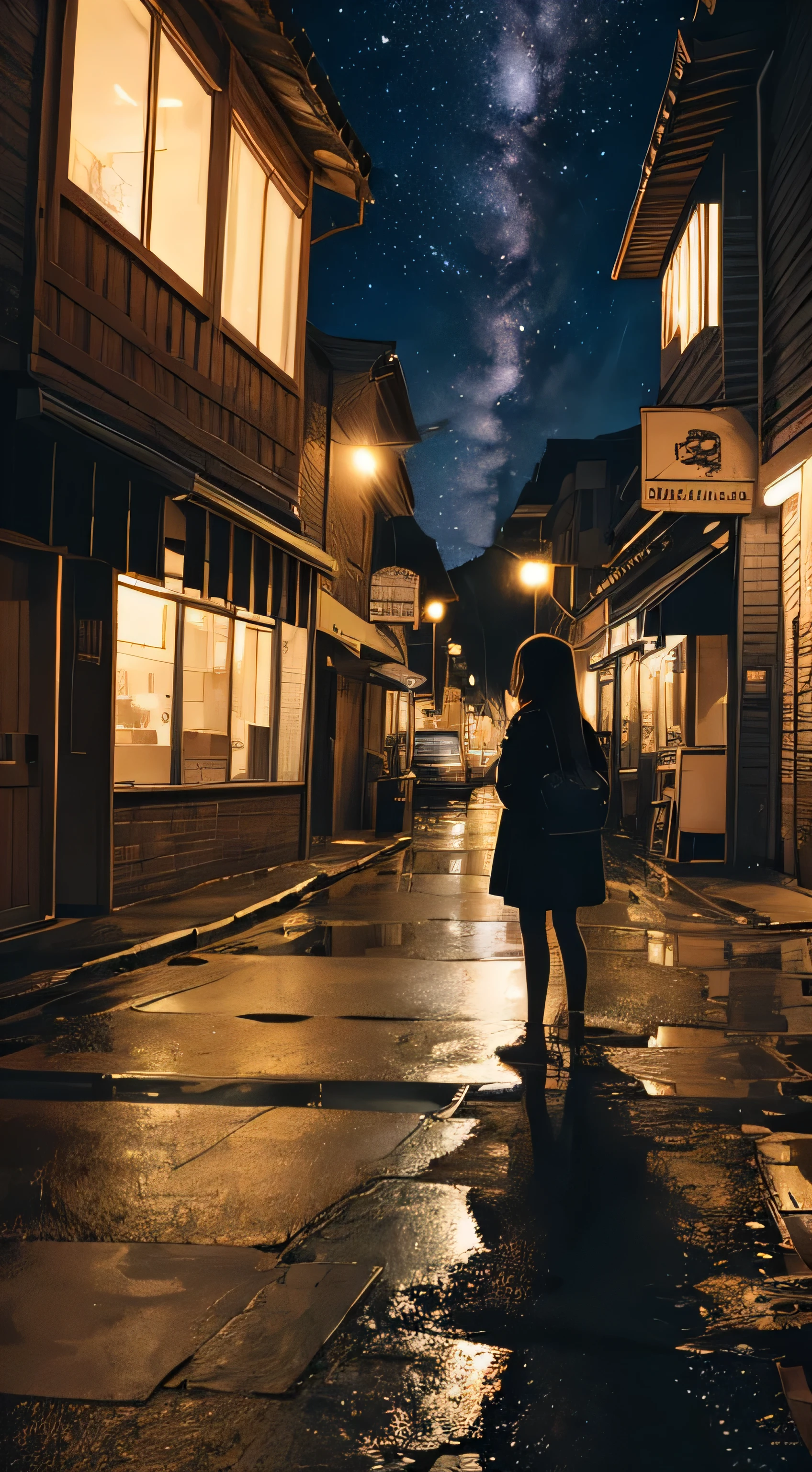 null, star, landscape, starry null, night, girl, night null, alone, outdoor, sign, building, cloud, milky way, sitting, wood, long hair, city, silhouette, cityscape