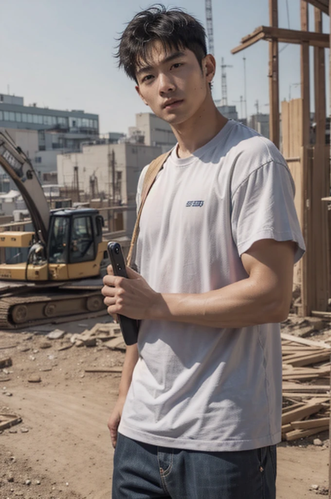 8K、highest quality、２５old men、working at a construction site、asian male、working sweaty、Guy、
