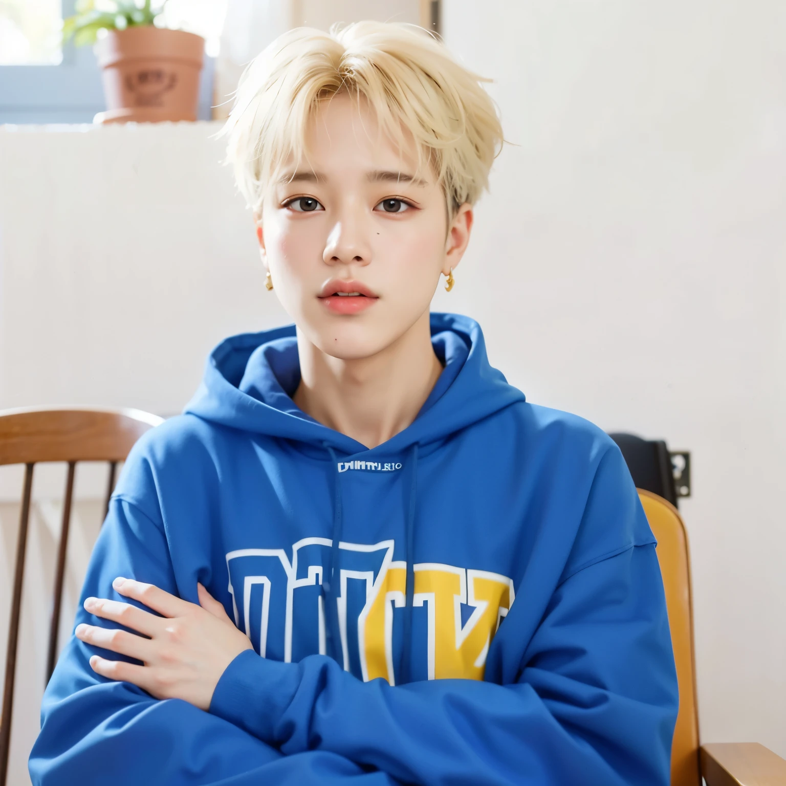 um close de uma pessoa sentada em uma cadeira com um moletom azul, Jimin, park Jimin, Jimin\the full lips, accurate Jimin face, Kim Doyoung, Jimin\o nariz grego, Jimin\the right eyelid is swollen, inspirado em Bian Shoumin, taejune kim, adorable and pale korean face, hyung tae, Jung Jaehyun, 8k!!