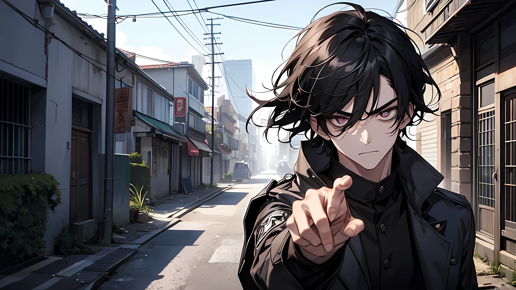 21 year old guy,black hair, detailed face, detailed eyes, detailed nose, He is dressed appropriately。ses cheveux sont blancs。His mocking expression was palpable。He had an angry expression,The expression is full of malice and disgust。He pointed angrily ahead,Connect him to the surrounding city and abandoned environment。The scenery is dark,Crumbling buildings and shadows evoke a mysterious and dark atmosphere。