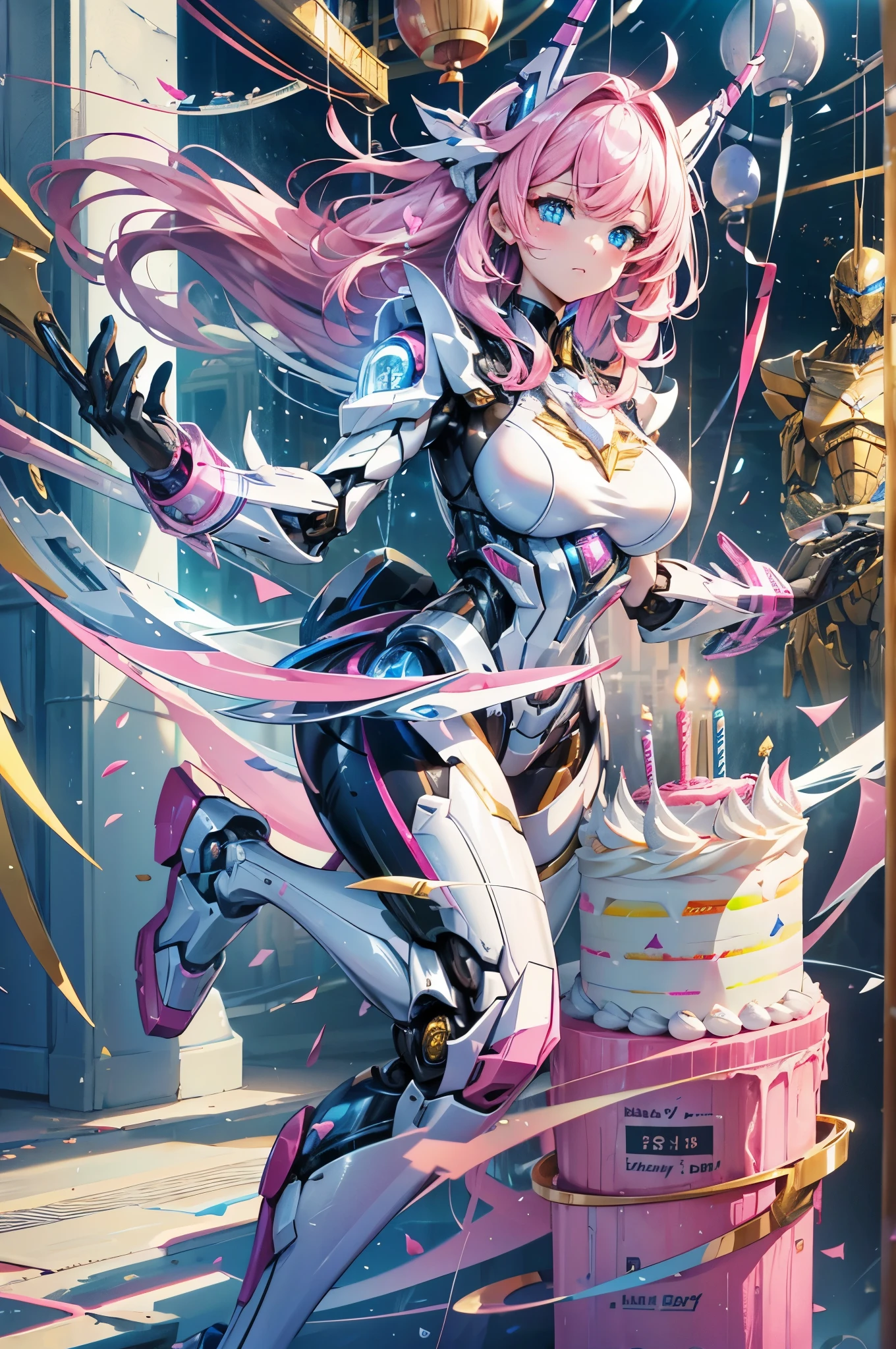 (8K、highest quality:1.2),hyper hd, anatomically correct, rough skin, Super detailed, highest quality, High resolution、hyper detail,midjourney anime style、high quality、delicate features，delicate hair，delicate eyes，delicate hair，High resolution,beautiful details,excellent human anatomy、alone,1 girl,full body esbian,a mecha girl,(pink hair),blue eyes,(Glossy pupils),,lady,medium breasts,white skin,{mechanical parts,Mecha tights,mechanical antenna、shiny and、Three-dimensional mechanical texture:1.2},BREAK(Have a birthday cake、present:1.4)