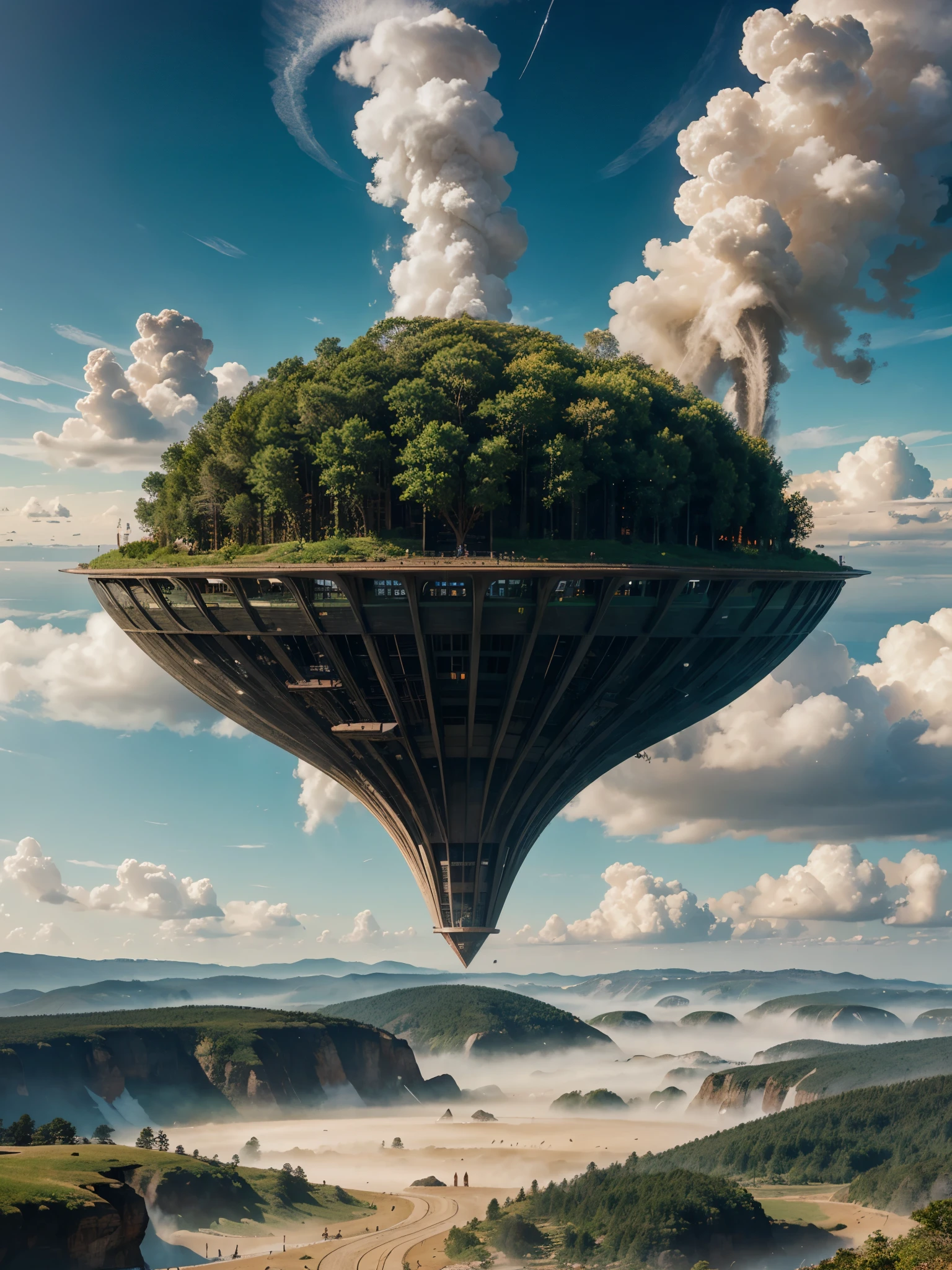 Illustrate the perfect fusion of natural elements and technological marvels, where harmony creates a futuristic panorama of breathtaking proportions