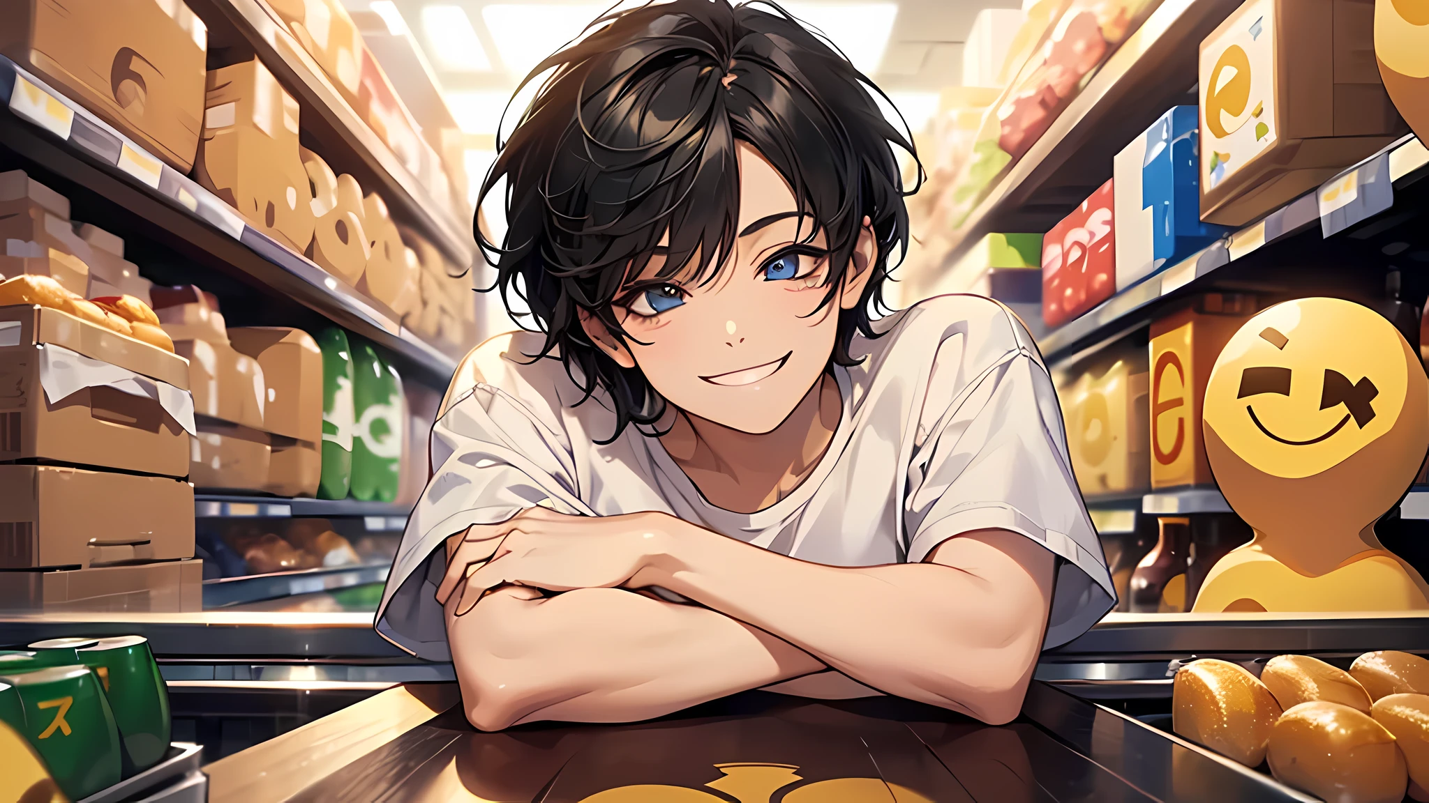 Masterpiece, high quality, best quality, HD, realistic, perfect lighting, detailed face, detailed eyes, detailed body, 1 man, short black hair, white t-shirt, (smile emoji: 1.5) (face smile: 1.5), in supermarket, beer area