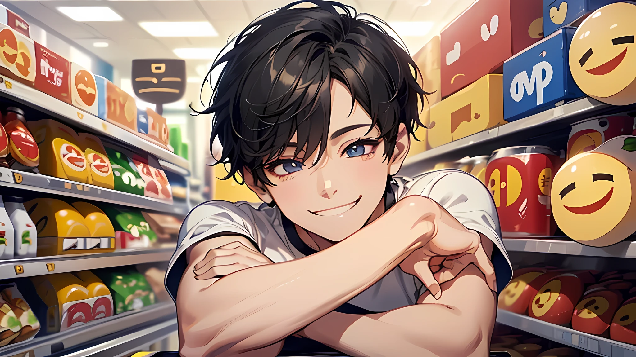 Masterpiece, high quality, best quality, HD, realistic, perfect lighting, detailed face, detailed eyes, detailed body, 1 man, short black hair, white t-shirt, (smile emoji: 1.5) (face smile: 1.5), in supermarket, beer area