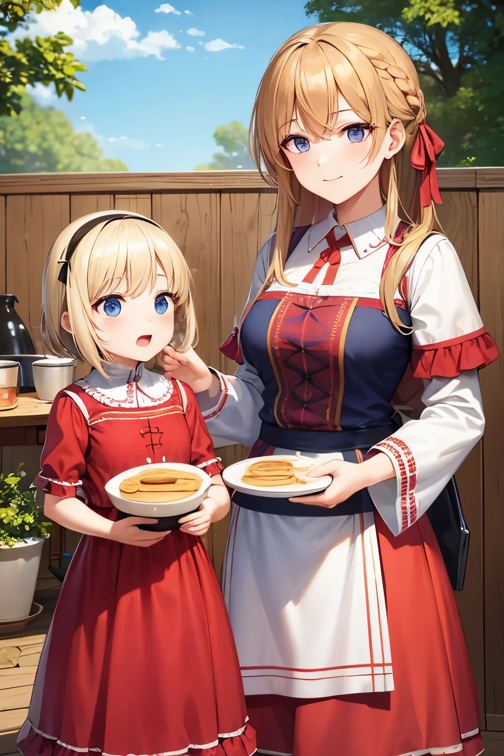 mother prepares pancakes with her daughter in Russian national costumes, kokoshniks, summer, 4k, overall plan, ultra quality
