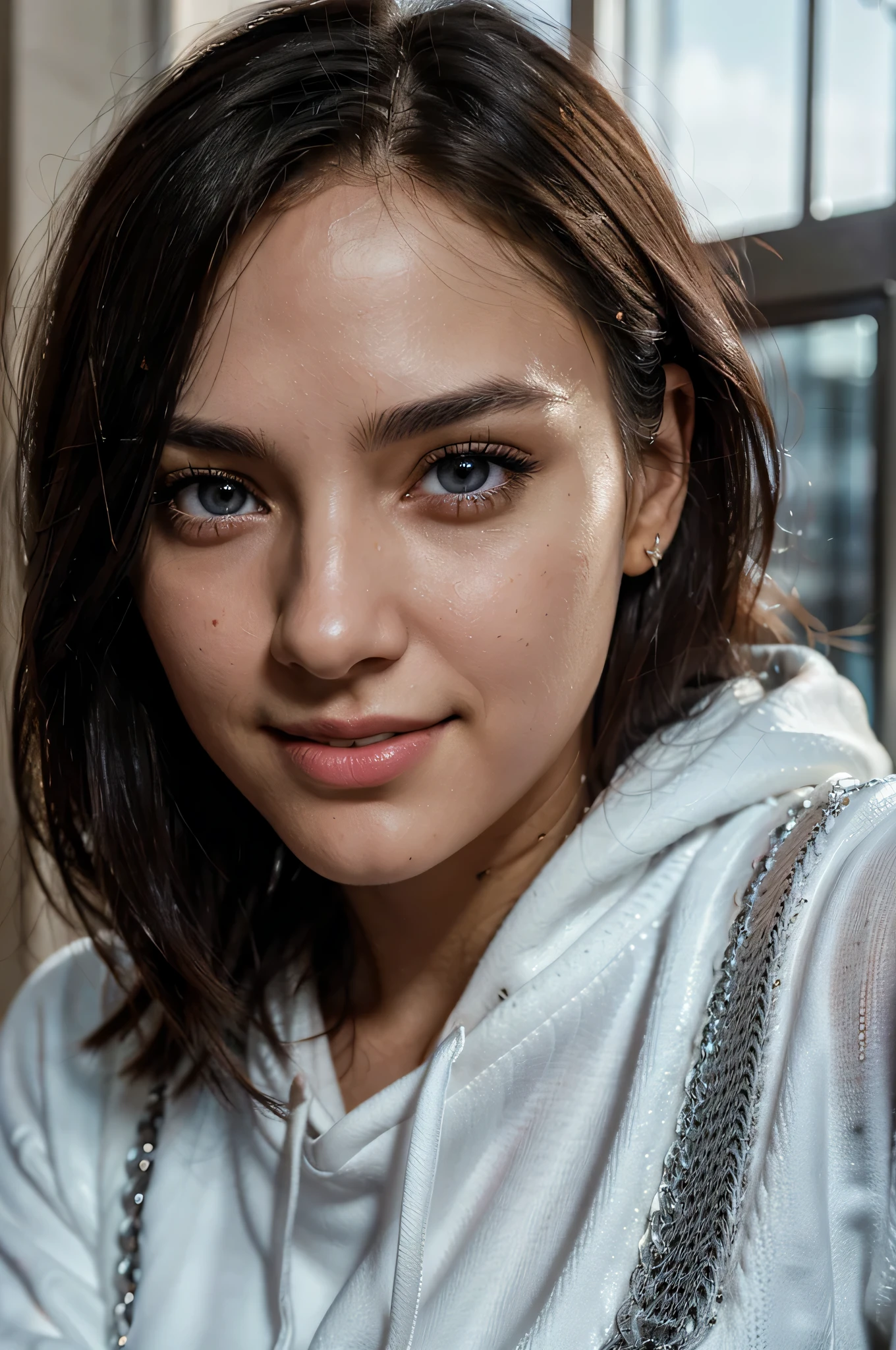 Realistic,dramatic lighting,1girl,solo,detailed face,realistic eyes,realistic skin,black hair,dynamic pose, dynamic angle, white sweatshirt, long hair cut, raw photo,a selfie taken with iphone camera,beautiful detailed eyes and face, smiling and blink of an eye