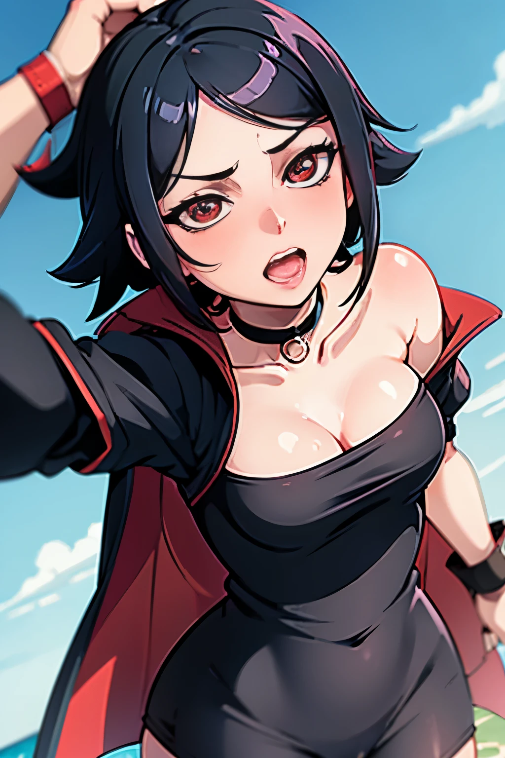  sarada tirando selfie, downblouse, decote grande mostrando o bico dos peitos, calcinha preta, seios pequenos, ahegao face 