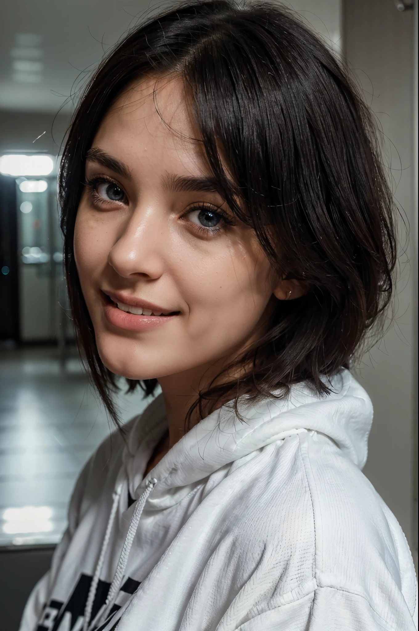 Realistic,dramatic lighting,1girl,solo,detailed face,realistic eyes,realistic skin,black hair,dynamic pose, dynamic angle, white sweatshirt, long hair cut, raw photo,a selfie taken with iphone camera,beautiful detailed eyes and face, smiling and blink of an eye
