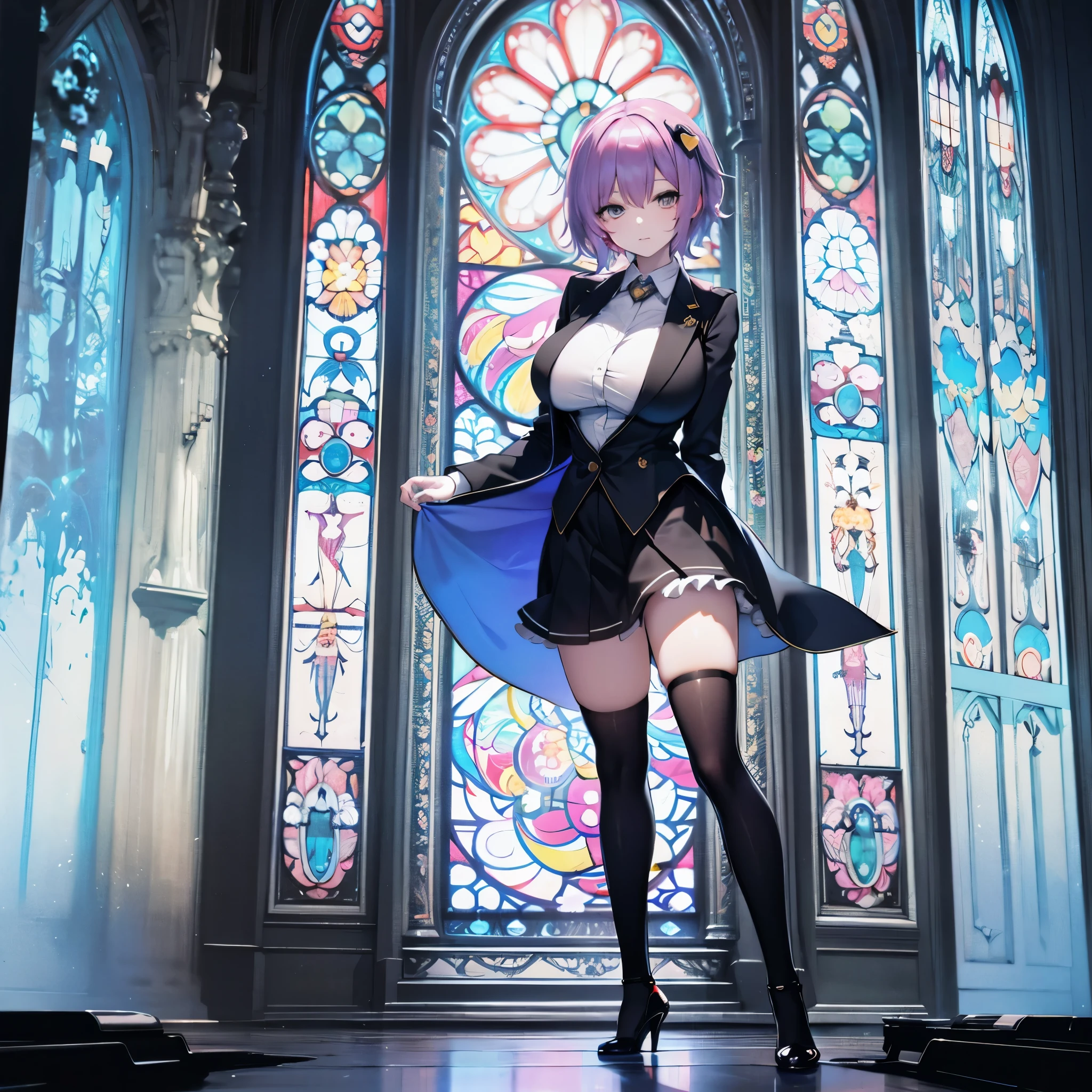 Satori toho character, (solo), standing, stained glass, BREAK, short hair, (huge perky breasts), (inconceivably thin waist), very long legs, BREAK, (black blazer), (black thighhighs), very short black miniskirt, highheels, military medal of honor