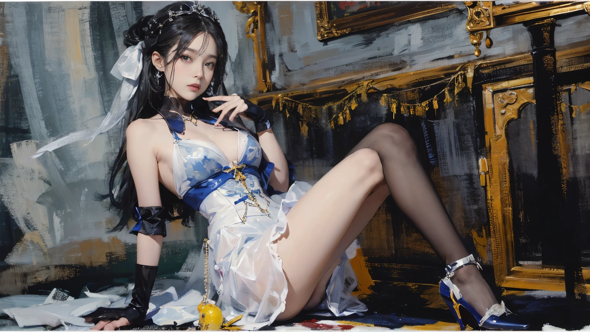 ((best quality)), ((masterpiece)),pointed toe high heels，large round glasses，((1 girl)),cross legs， alone, ferry, 穿pointed toe high heels，((Changdu base, ((high thighs)), bare shoulders, ((jewelry)), ((sleeveless)), white dress, blue skirt, ((Gloves)), Thigh high, （Nikolai Fehin），(菲钦布面painting， 费辛painting, painting), 02