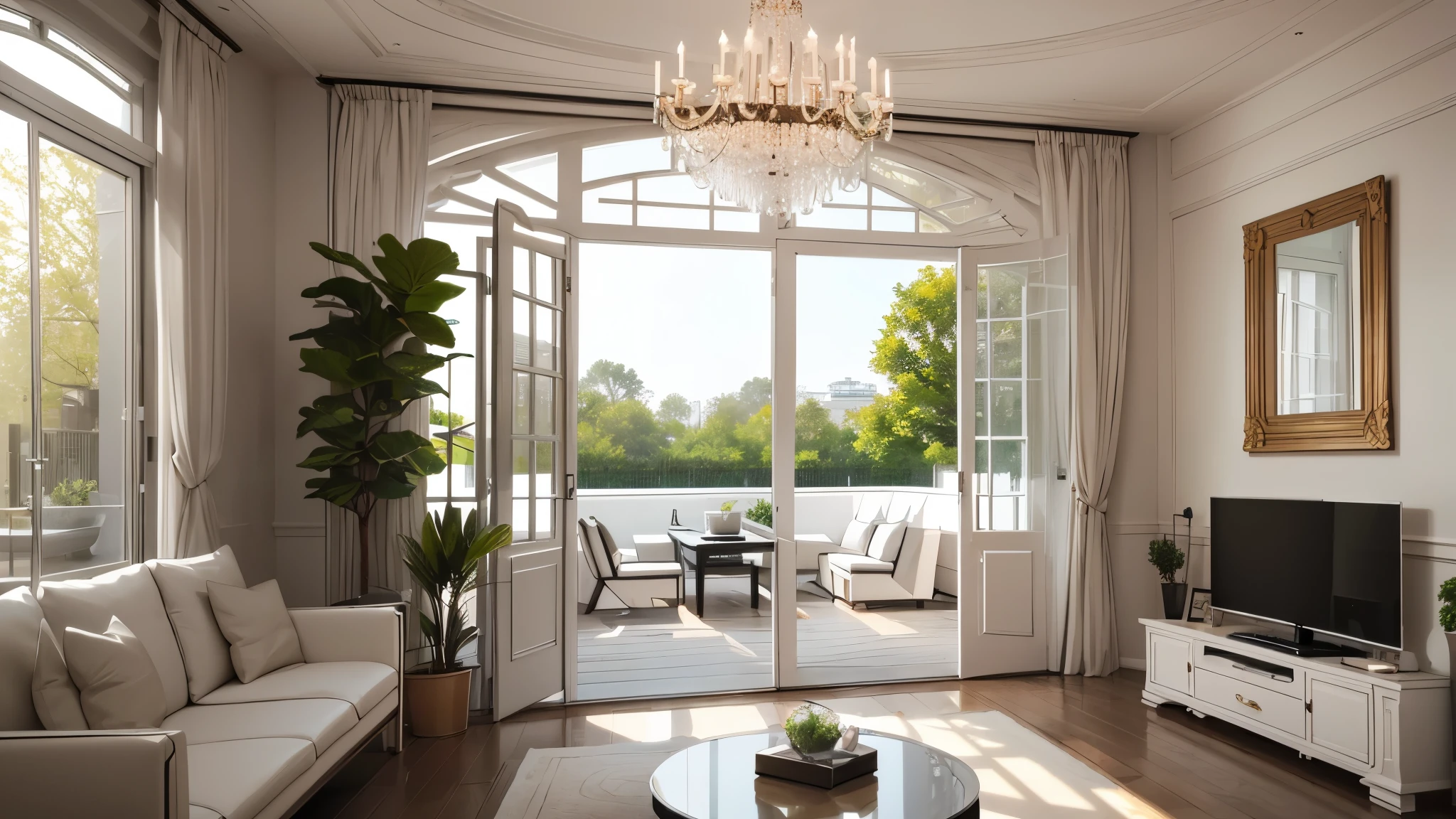 You are a famous interior designer、You have been asked to create a 3D image of a modern large room. Create a harmonious environment with modern and minimalist furniture. Including garden interior.