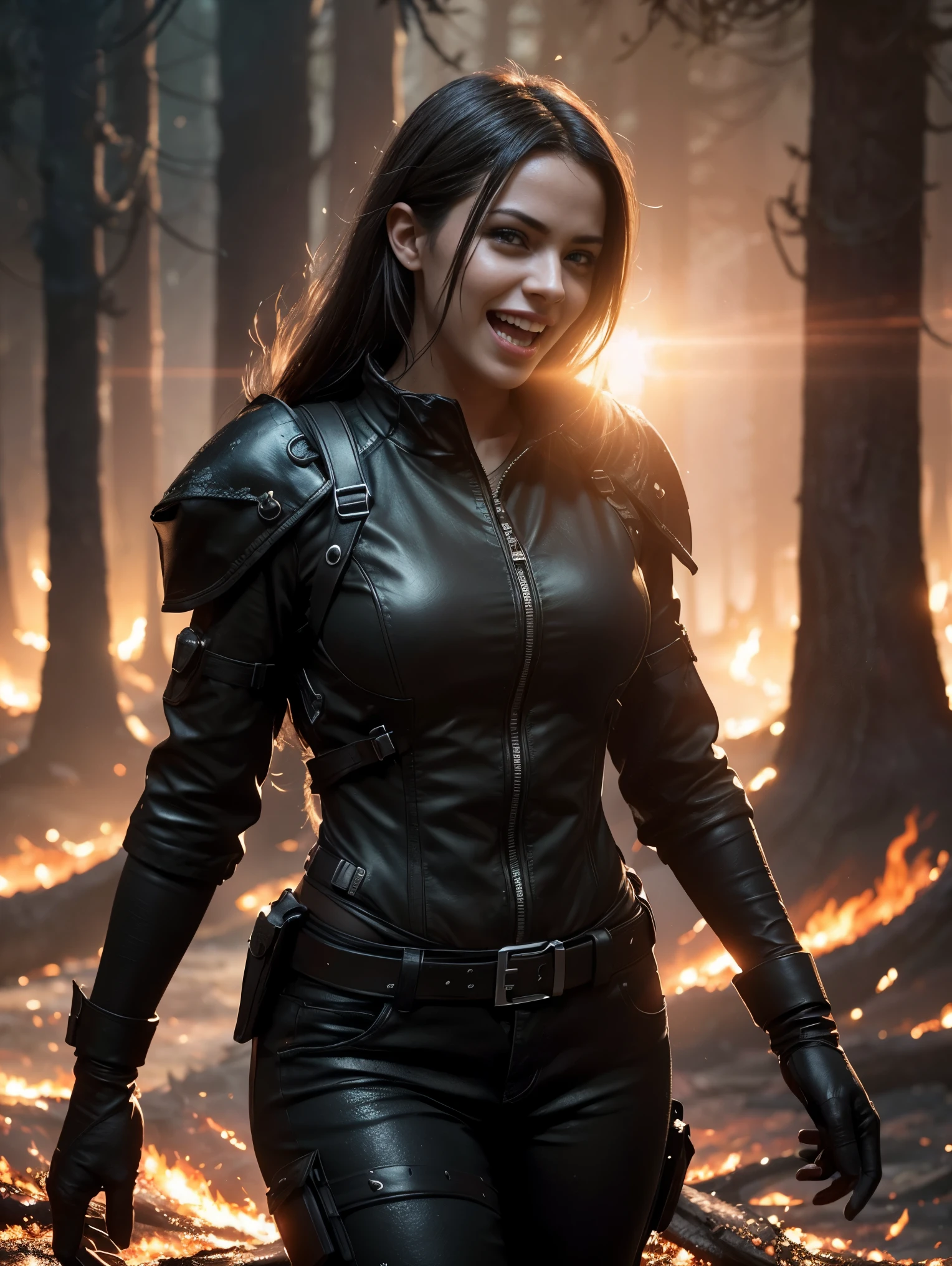 Scene from Movie, an ultra hot gorgeous European Woman, age 23, full body shot, she’s the death, (((laughing out loud)), (((She walks into a forest fire))). Distorted Space, Distorted Undead in the Background, Lens Flares, Light Shafts, Intricate Details, High Detailed, Volumetric Lighting, 4k Rendering, Stock Photo, Hyper-Realistic, Realistic Textures, Dramatic Lighting, Unreal Engine