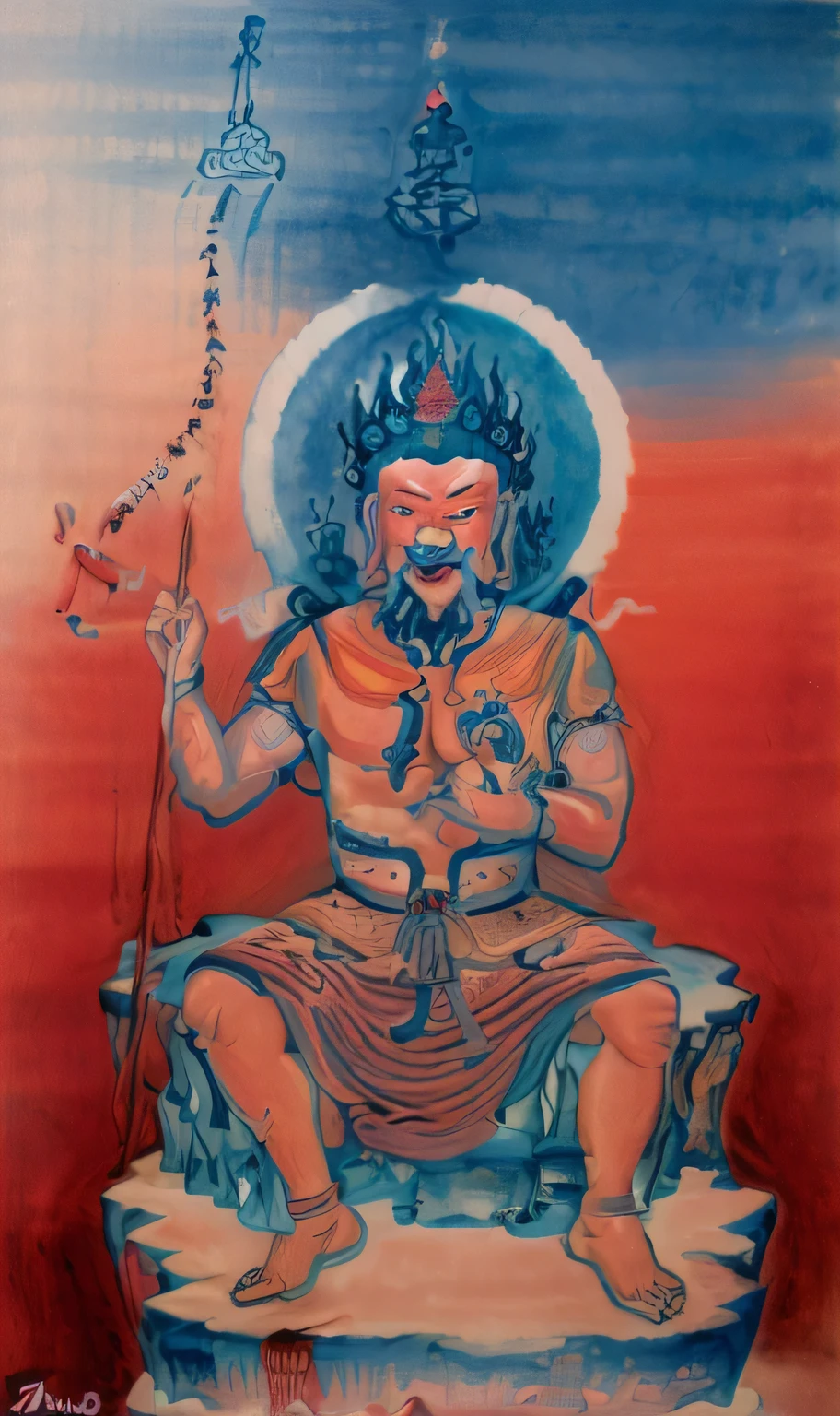 An ancient painting of Buddha sitting on a throne, dark blue and red style, childish drawing, strong facial expressions, Manticore, hand coloring, disfiguring form, Religious Art Reimagined--ar 31:52