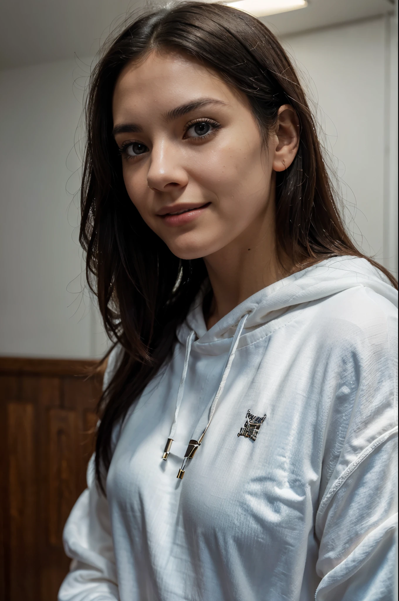 Realistic,dramatic lighting,1girl,solo,detailed face,realistic eyes,realistic skin,black hair,dynamic pose, dynamic angle, white sweatshirt, long hair cut, raw photo,a selfie taken with iphone camera,beautiful detailed eyes and face, smiling and blink of an eye