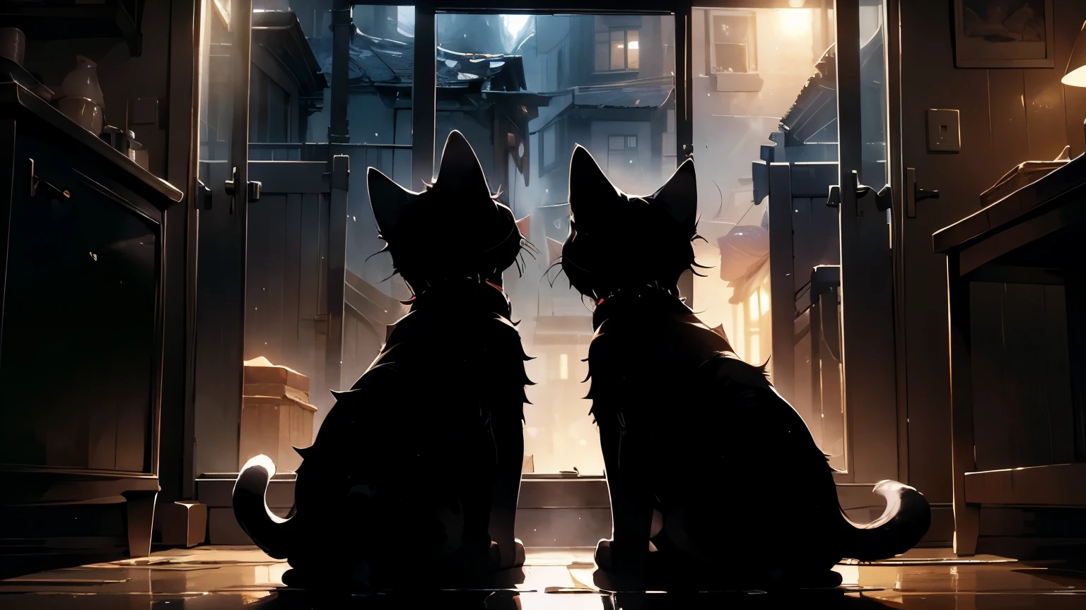 Silhouette of two cats sitting together, looking out a rainy window; (((Best quality))) master piece vector illustration; beautiful and vibrant digital art, hyperdetailed; overexaggerated features; Dynamic Lighting; Volumetric Lighting in 8k, Ultra Sharp Focus; intricate Artwork Masterpiece