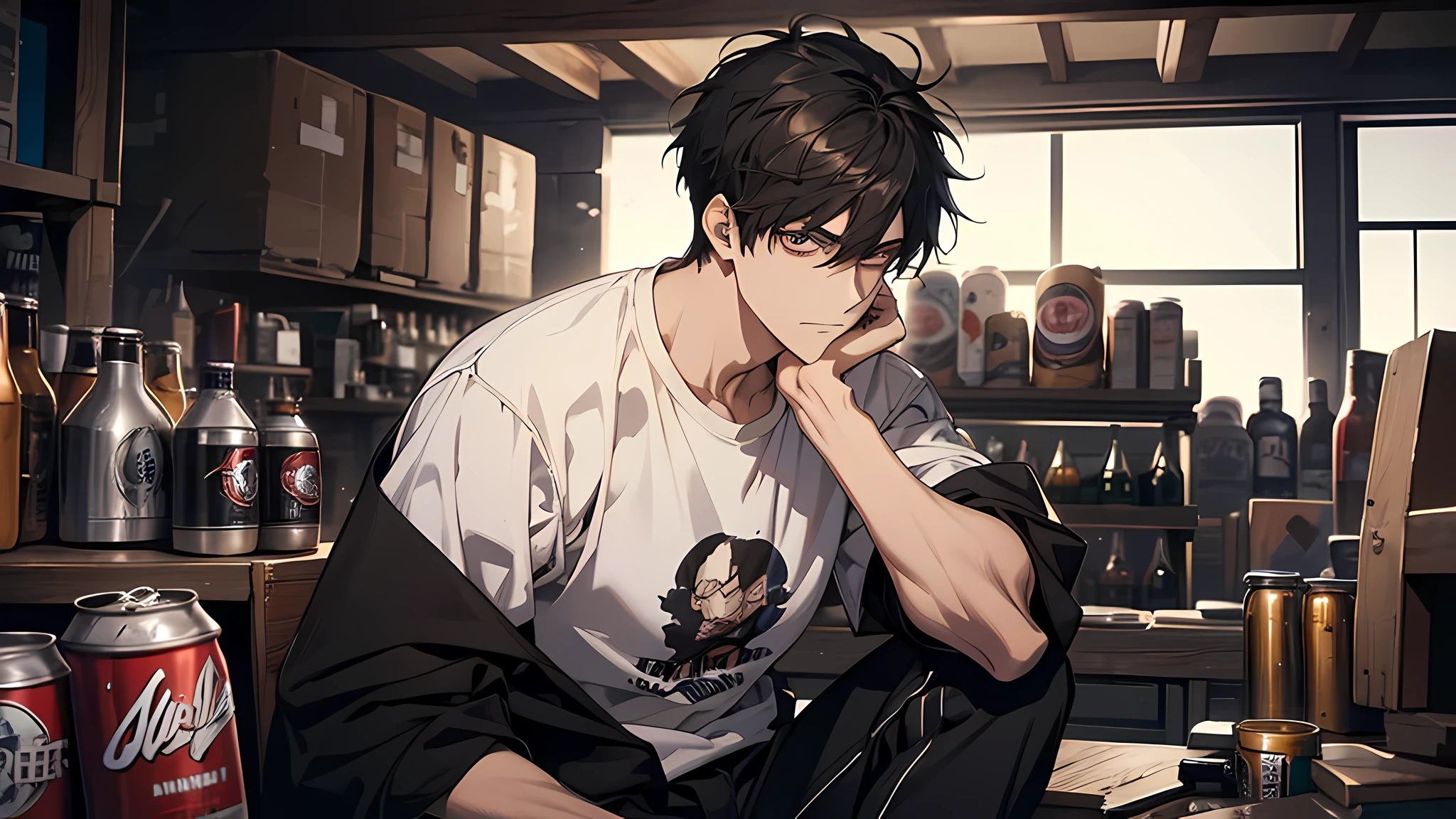 A boy in black short sleeves, at a bar, tired